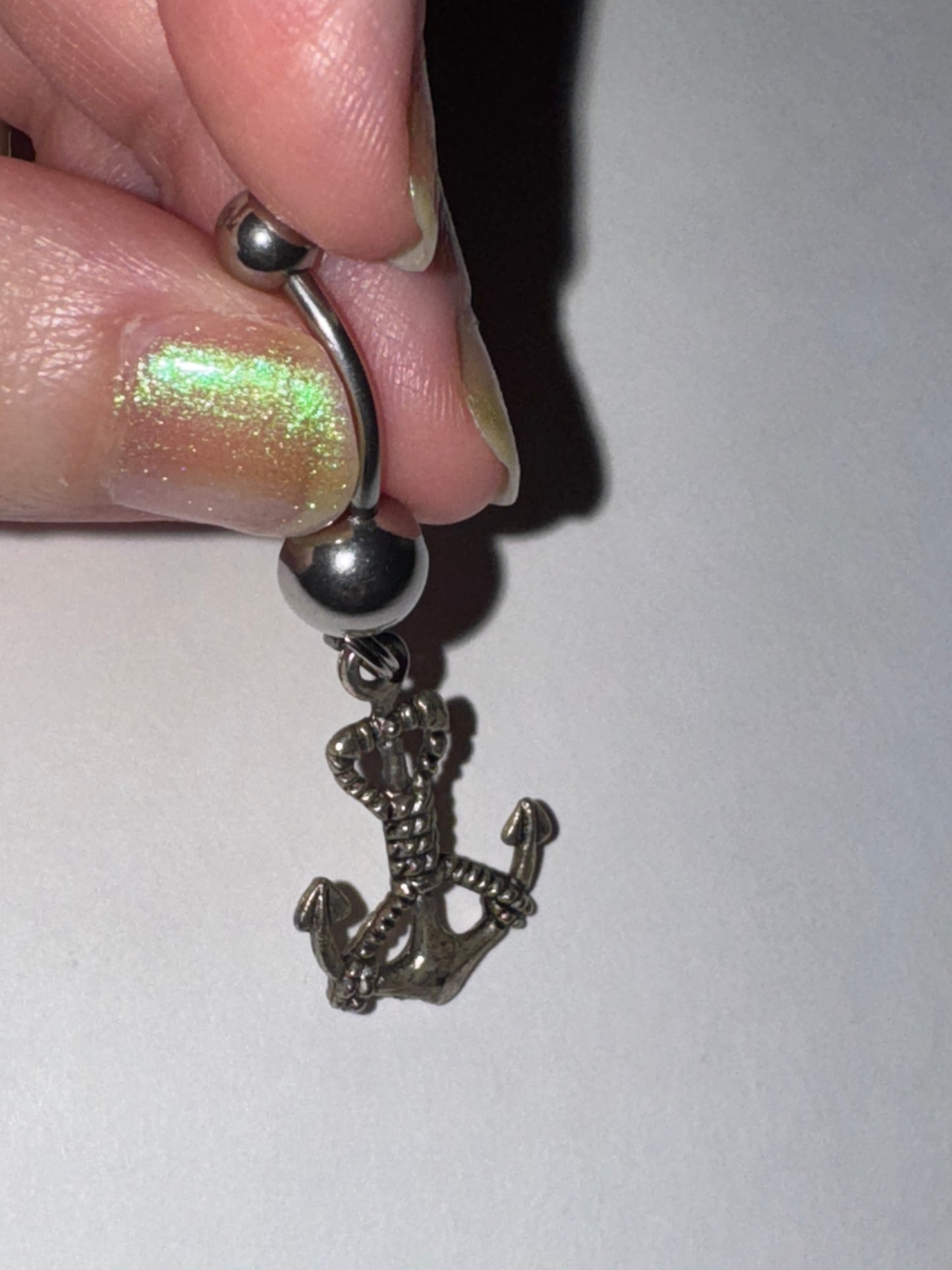 Large Anchor with Rope and Aqua Blue Gem Dangle Belly Ring