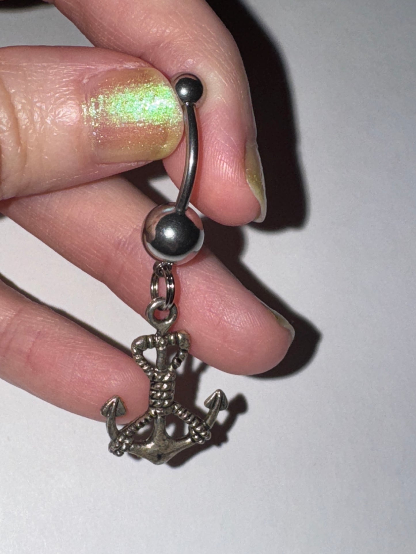 Large Anchor with Rope and Aqua Blue Gem Dangle Belly Ring