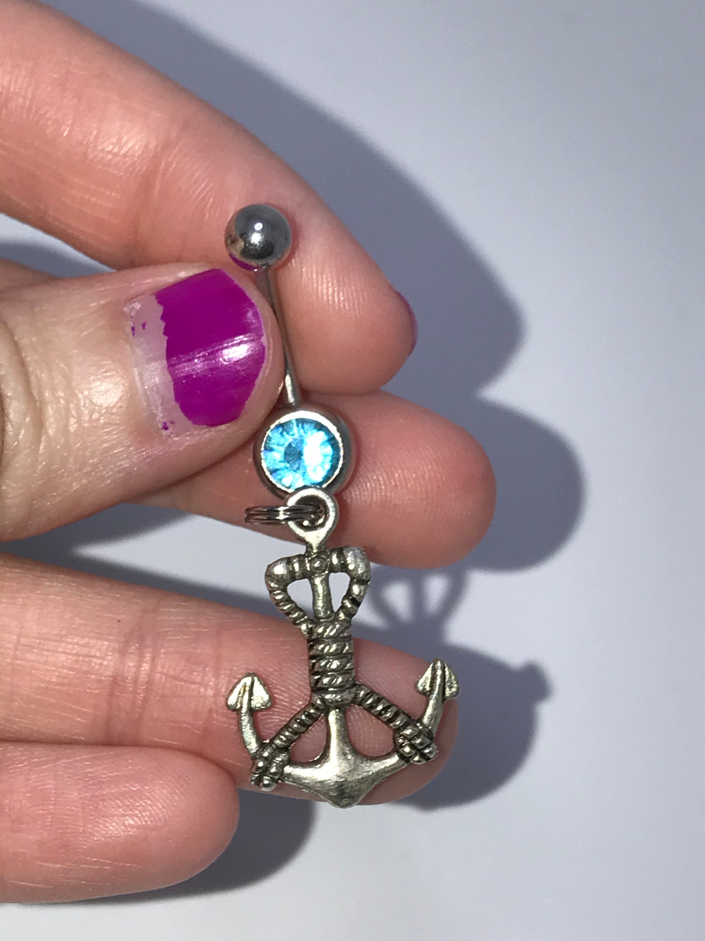 Large Anchor with Rope and Aqua Blue Gem Dangle Belly Ring