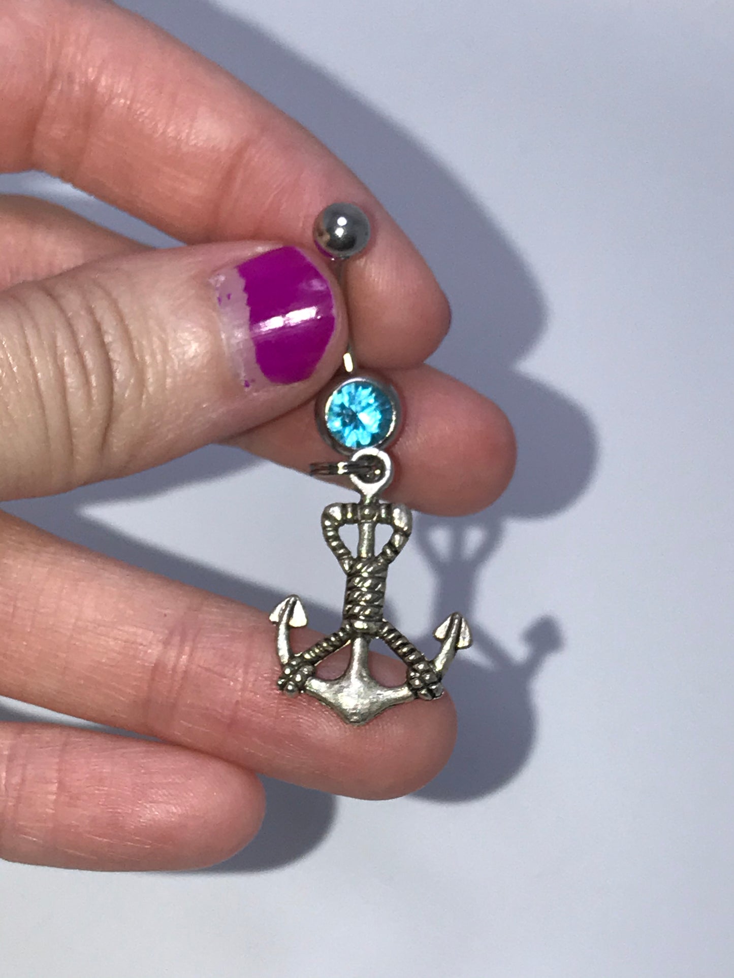 Large Anchor with Rope and Aqua Blue Gem Dangle Belly Ring