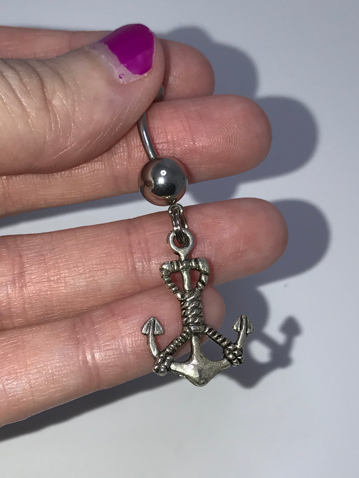 Large Anchor with Rope and Aqua Blue Gem Dangle Belly Ring