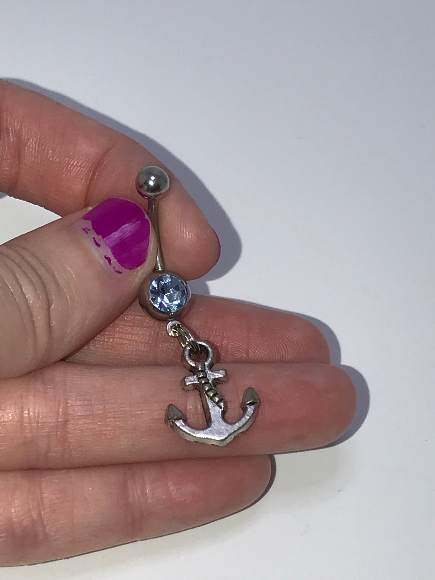 Small Anchor with Light Blue Gem Dangle Belly Ring