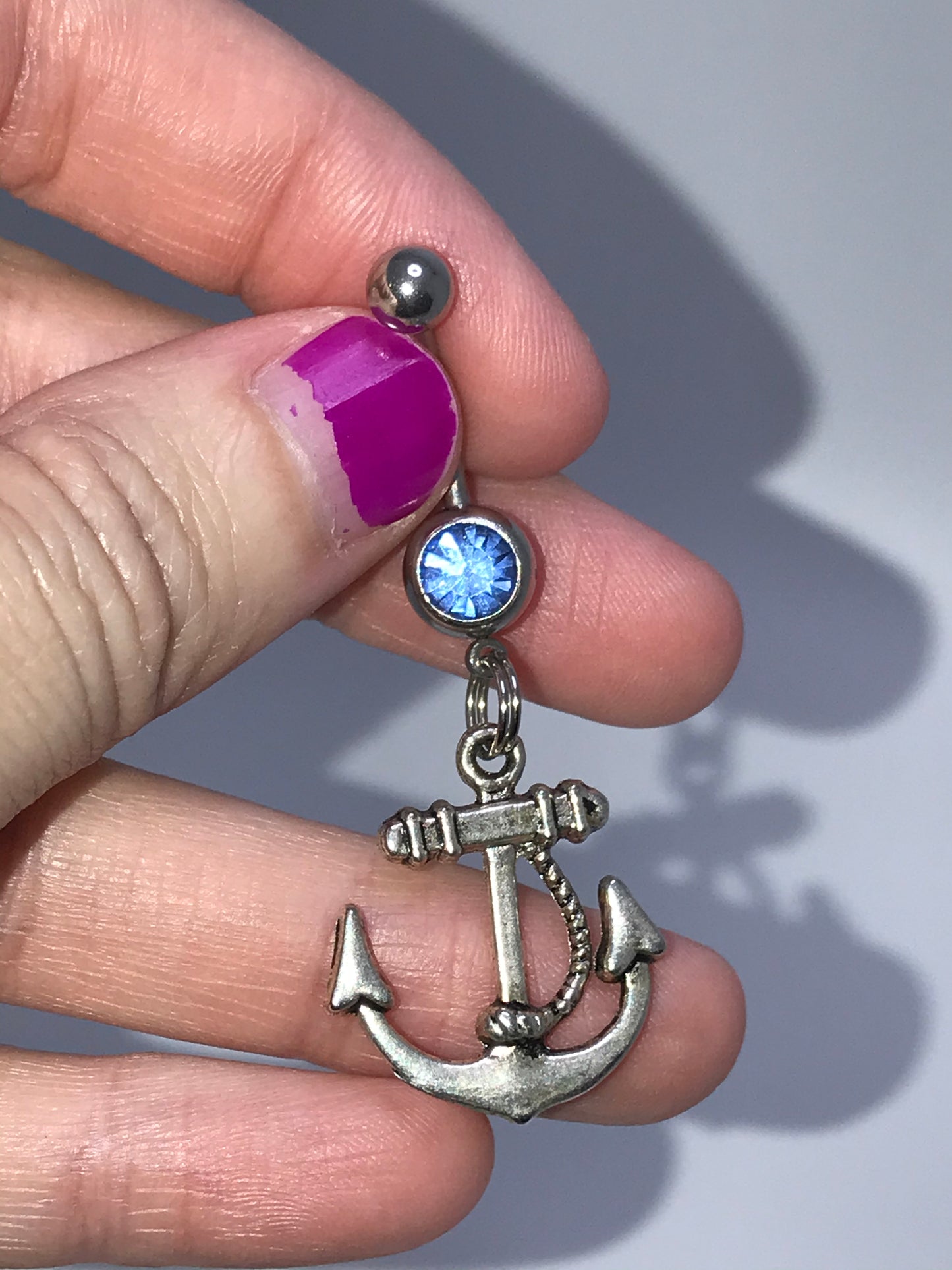 Large Anchor with Rope and Light Blue Gem Dangle Belly Ring
