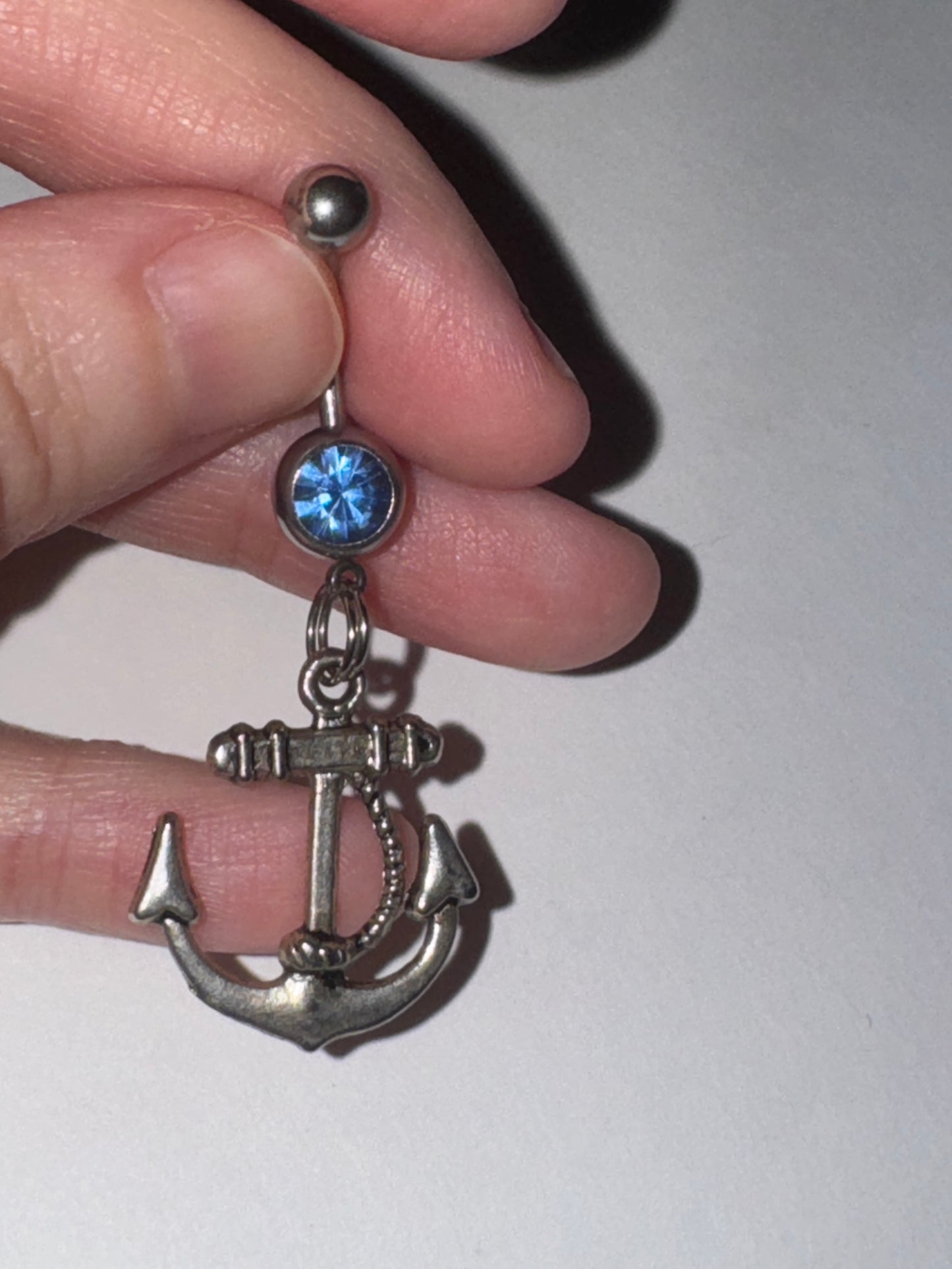 Large Anchor with Rope and Light Blue Gem Dangle Belly Ring