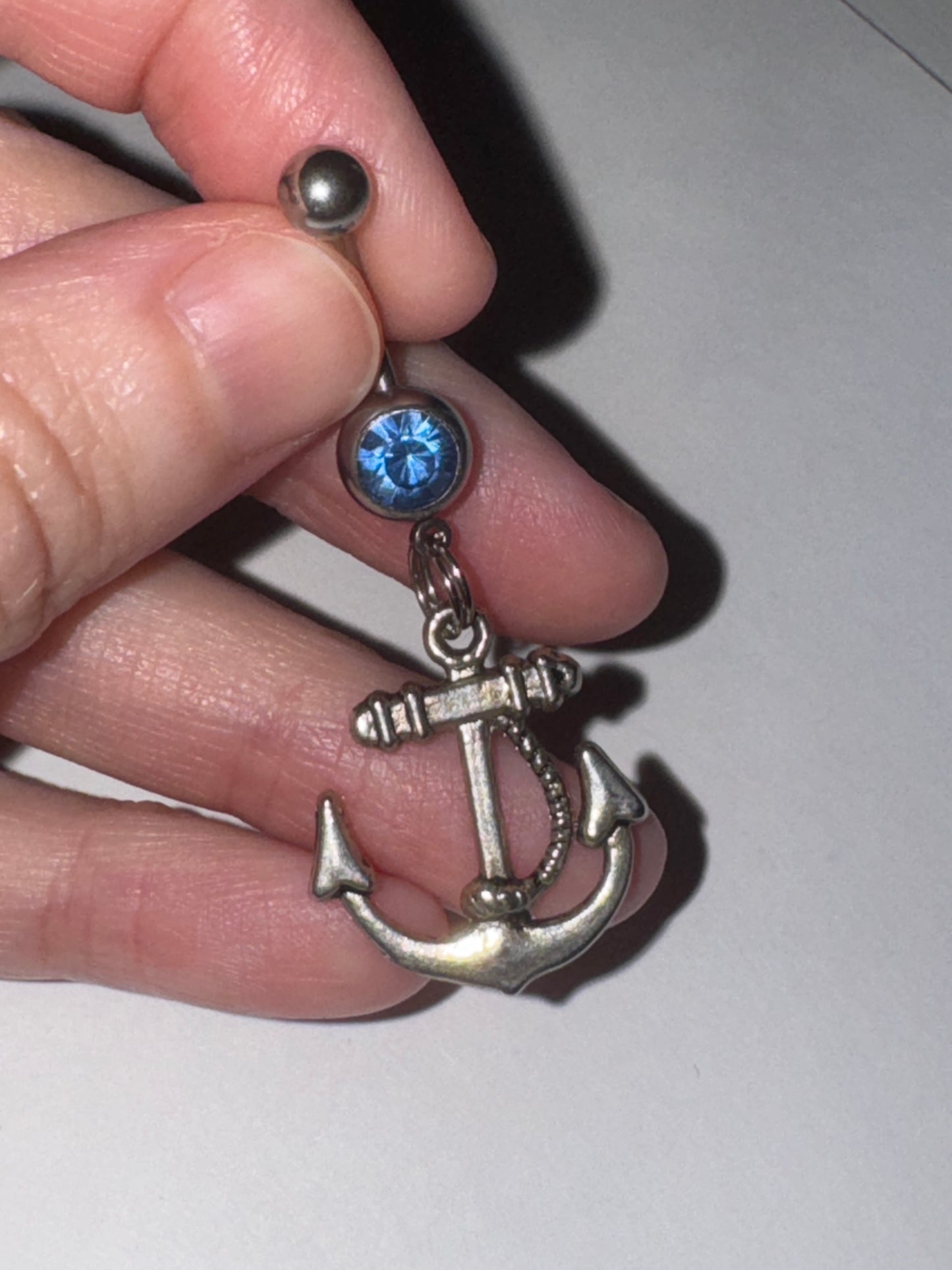 Large Anchor with Rope and Light Blue Gem Dangle Belly Ring