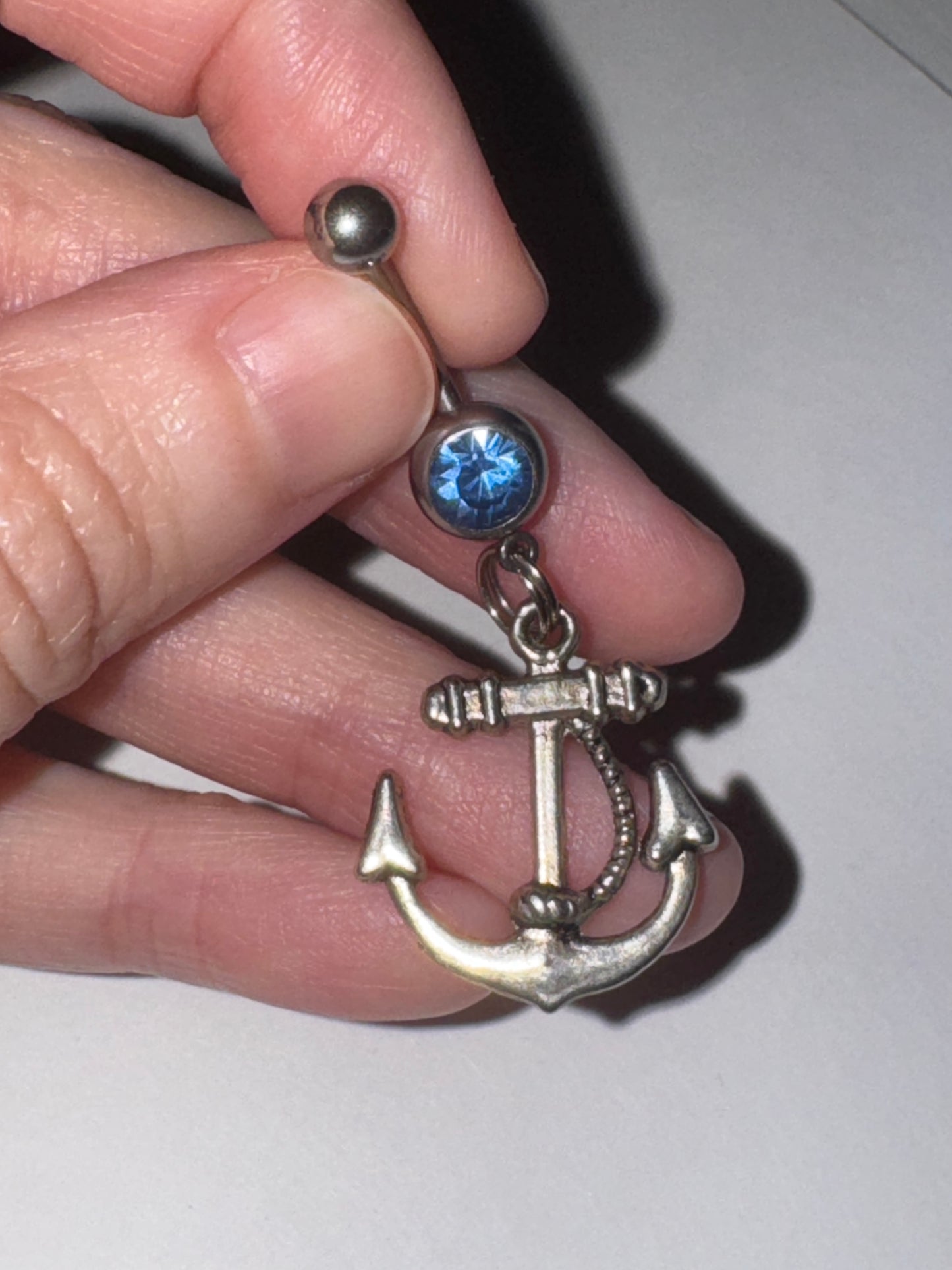 Large Anchor with Rope and Light Blue Gem Dangle Belly Ring