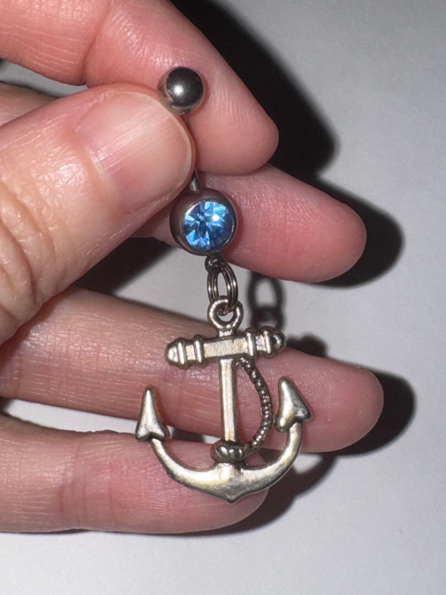 Large Anchor with Rope and Light Blue Gem Dangle Belly Ring