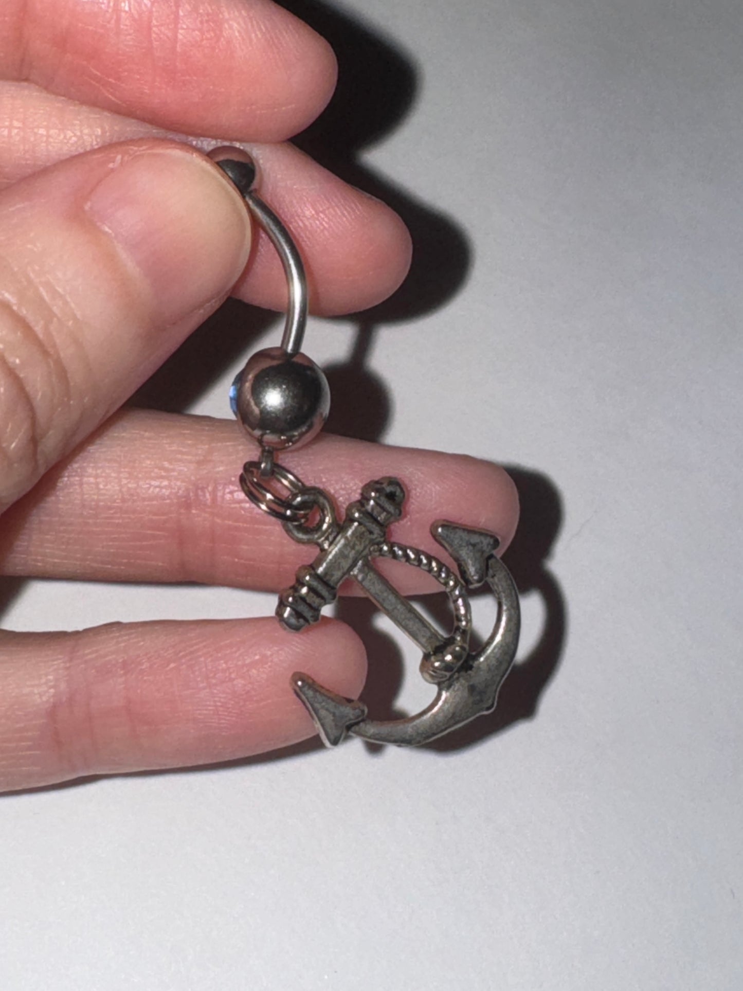 Large Anchor with Rope and Light Blue Gem Dangle Belly Ring