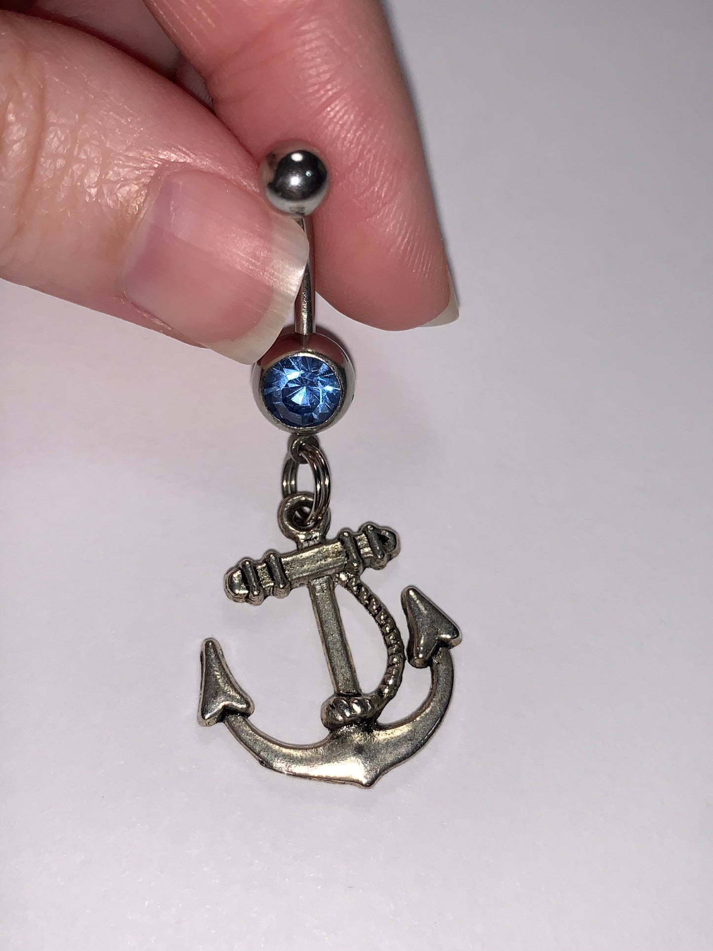 Large Anchor with Rope and Light Blue Gem Dangle Belly Ring