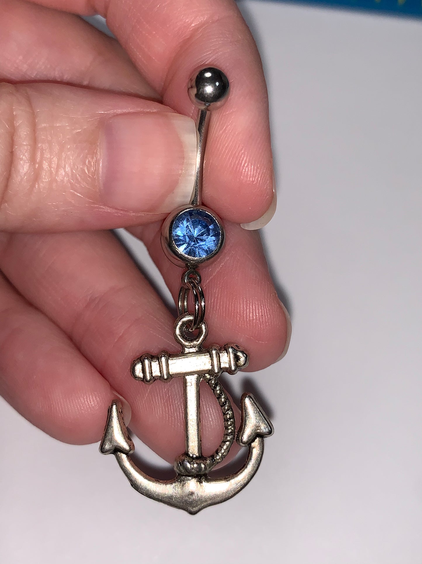 Large Anchor with Rope and Light Blue Gem Dangle Belly Ring