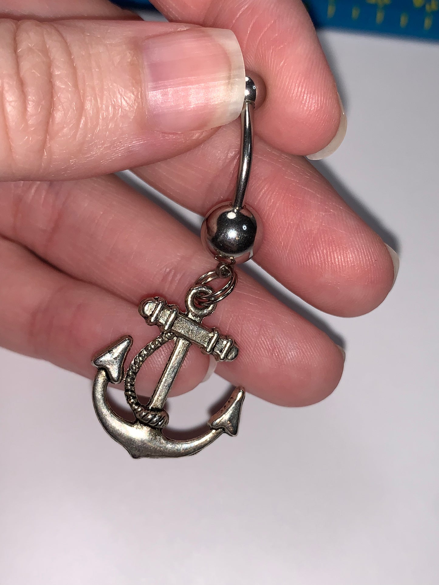 Large Anchor with Rope and Light Blue Gem Dangle Belly Ring