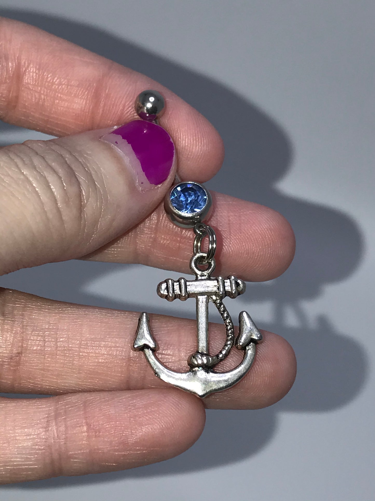 Large Anchor with Rope and Light Blue Gem Dangle Belly Ring