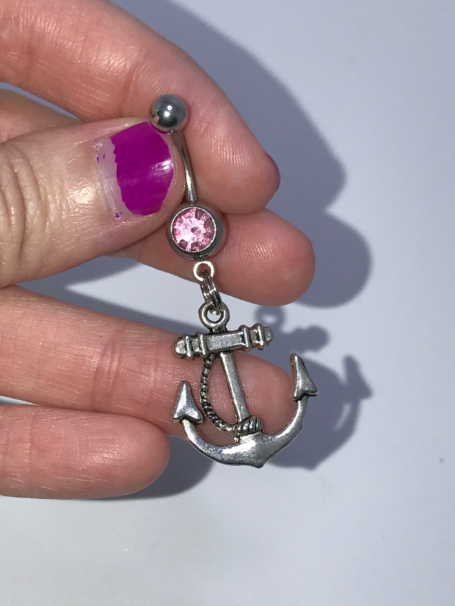 Large Anchor with Rope and Pink Gem Dangle Belly Ring