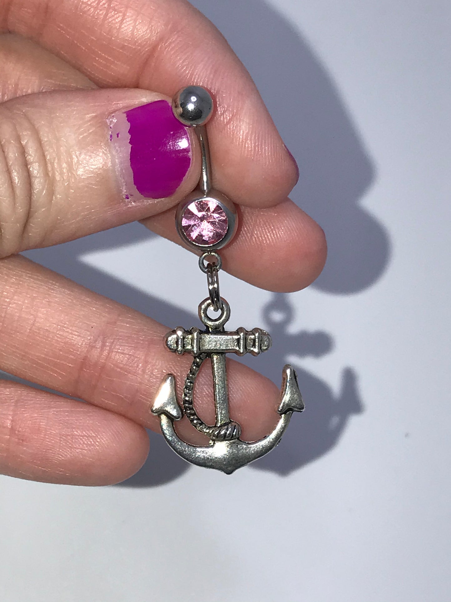 Large Anchor with Rope and Pink Gem Dangle Belly Ring