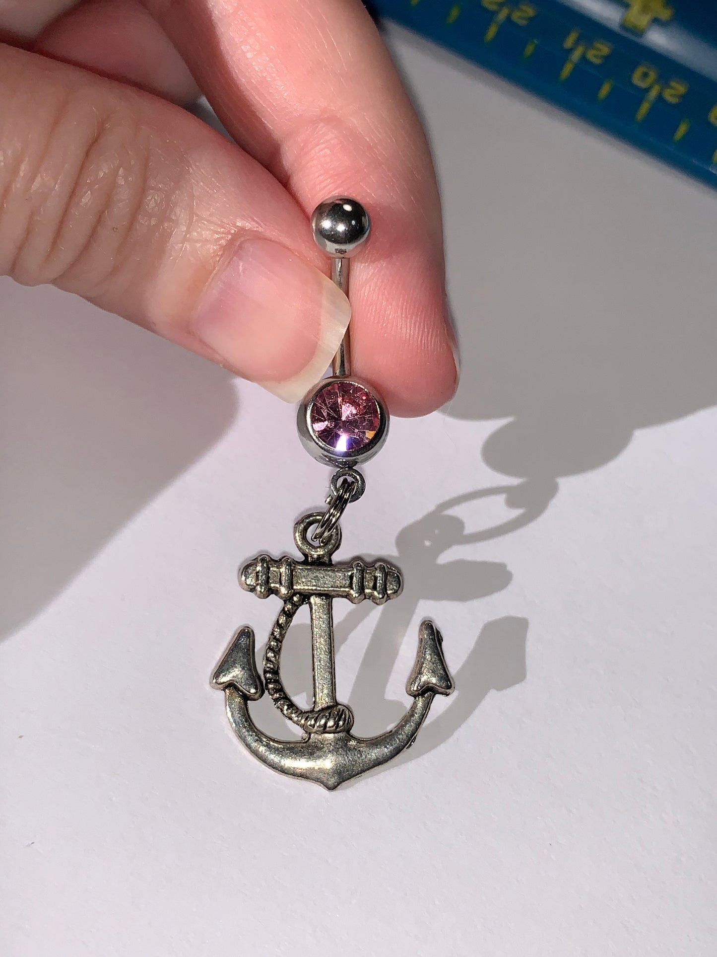 Large Anchor with Rope and Pink Gem Dangle Belly Ring