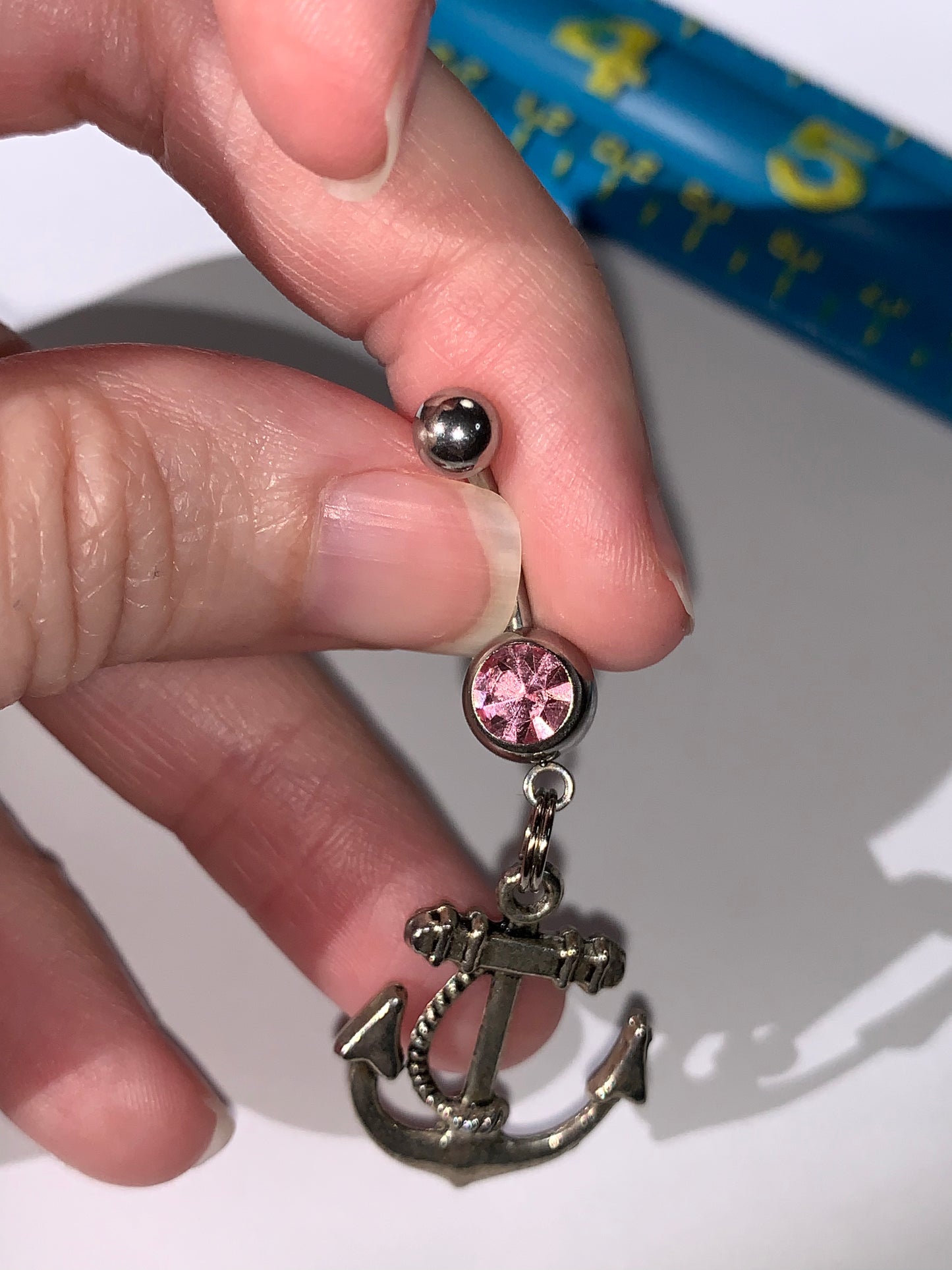 Large Anchor with Rope and Pink Gem Dangle Belly Ring