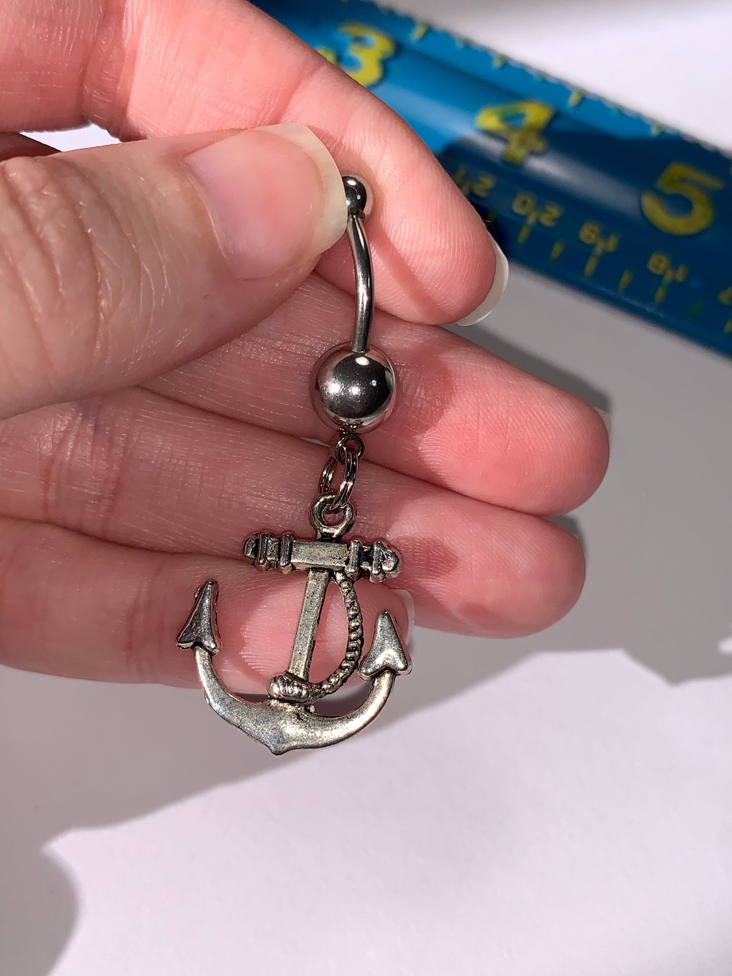 Large Anchor with Rope and Pink Gem Dangle Belly Ring