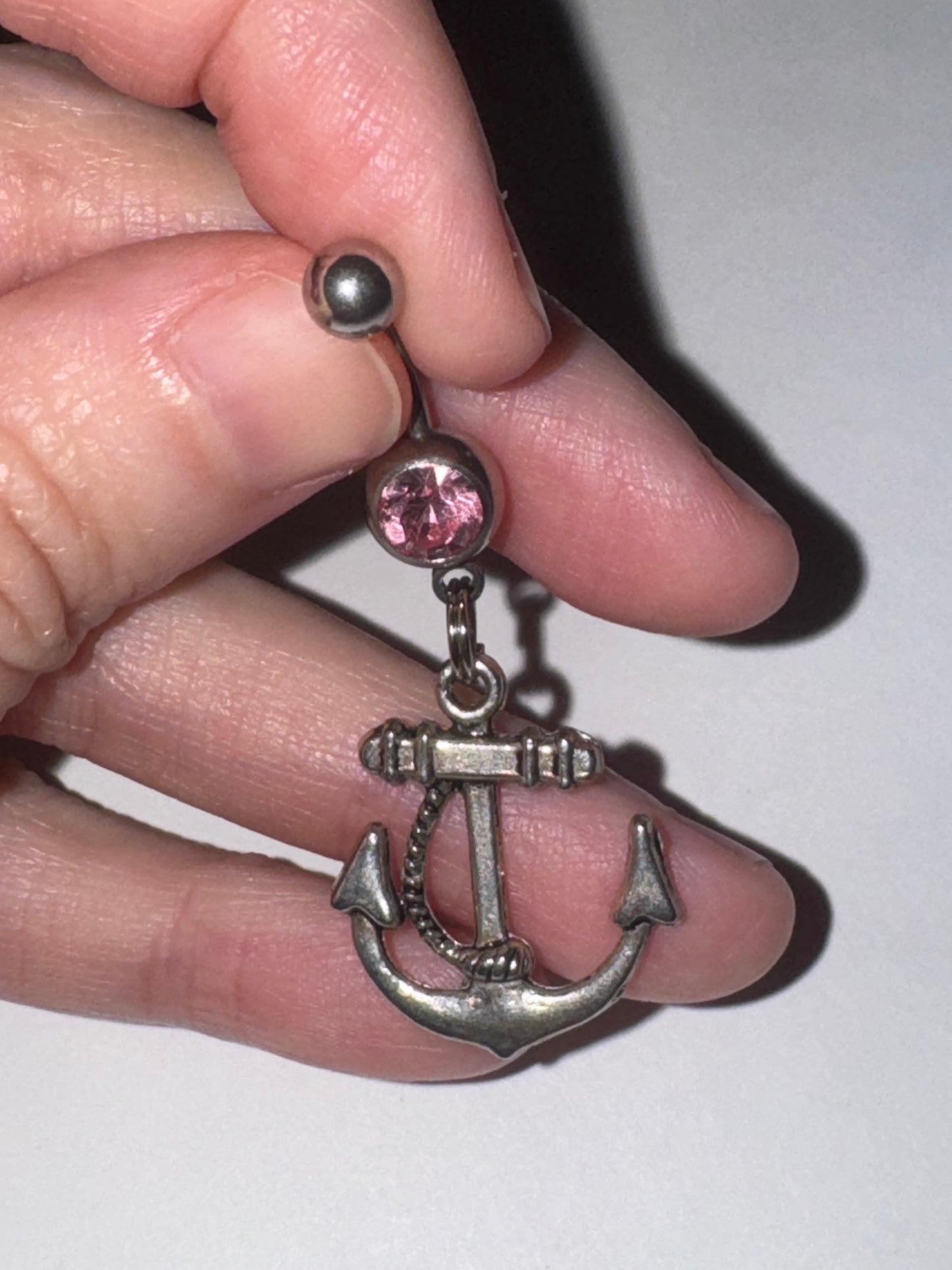 Large Anchor with Rope and Pink Gem Dangle Belly Ring