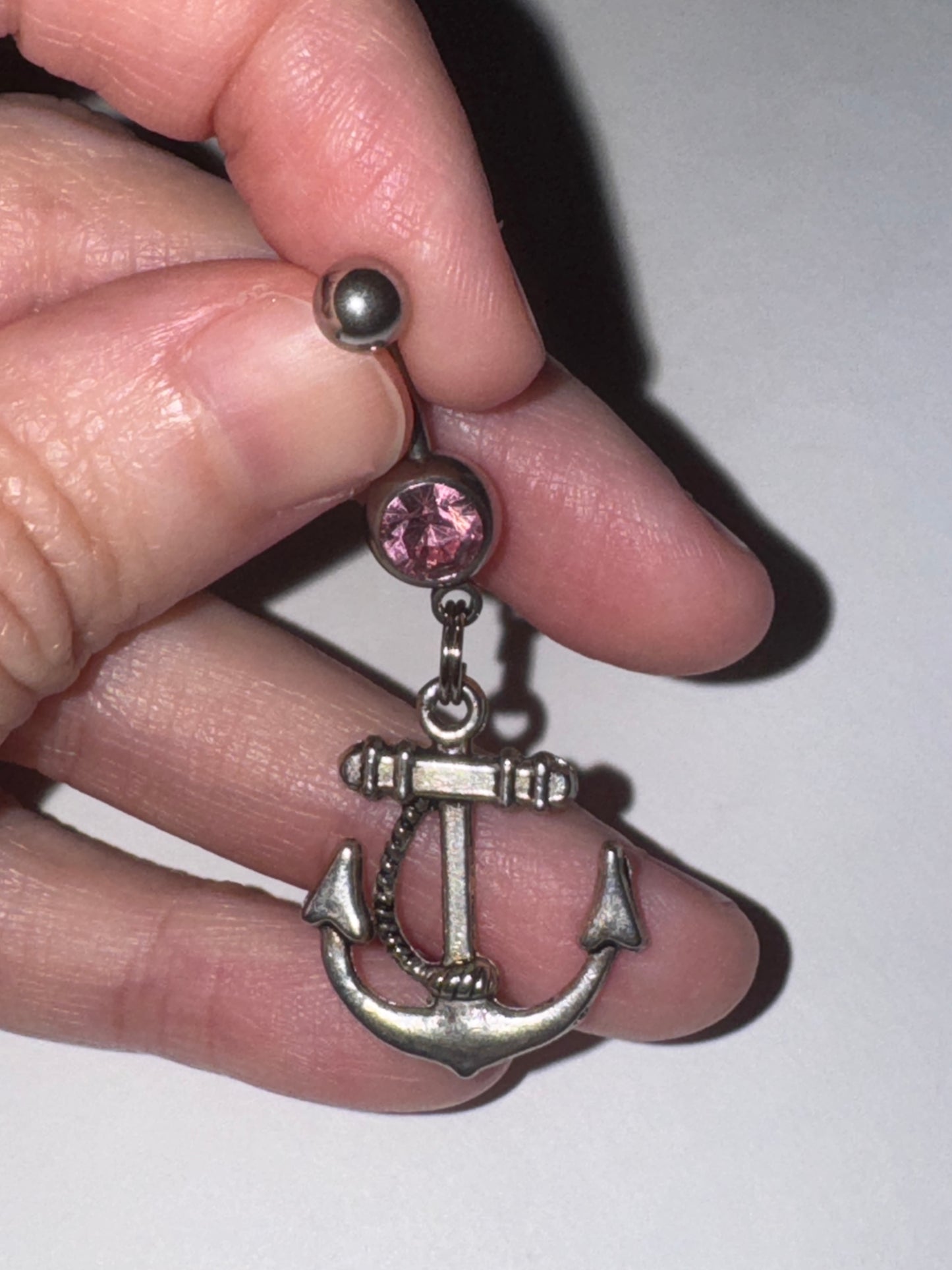Large Anchor with Rope and Pink Gem Dangle Belly Ring