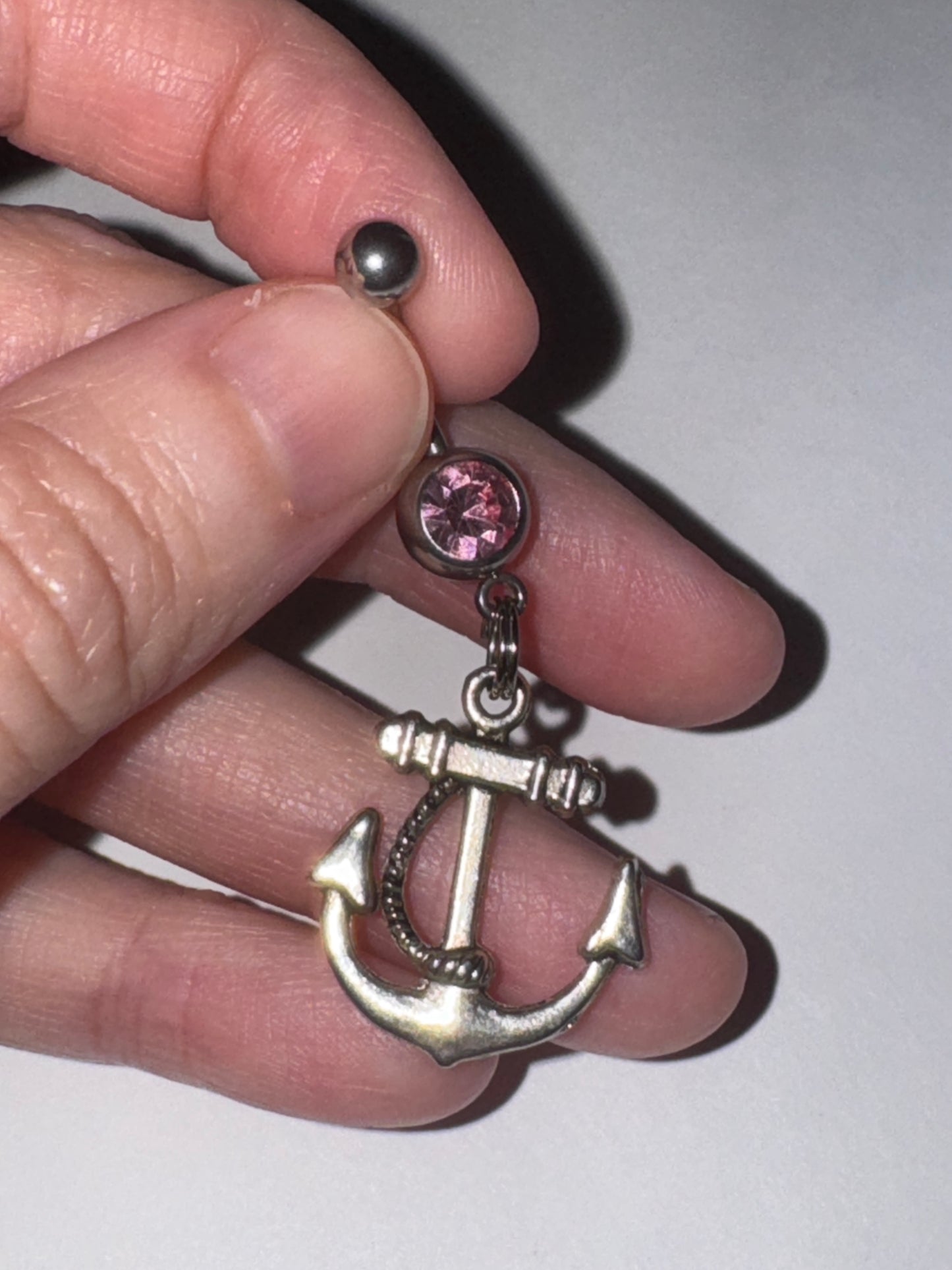Large Anchor with Rope and Pink Gem Dangle Belly Ring