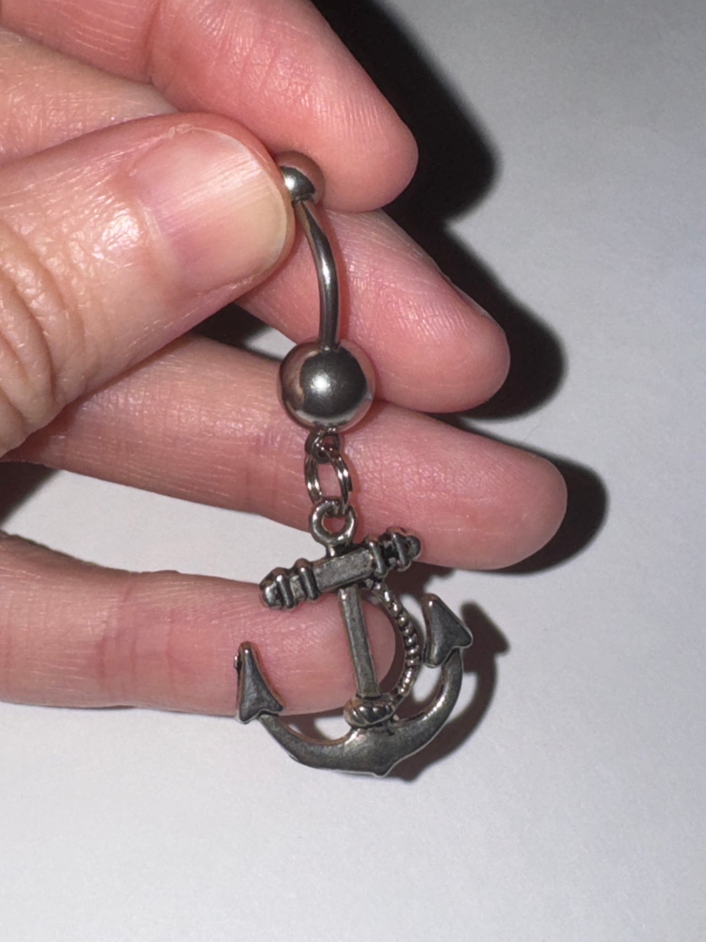 Large Anchor with Rope and Pink Gem Dangle Belly Ring