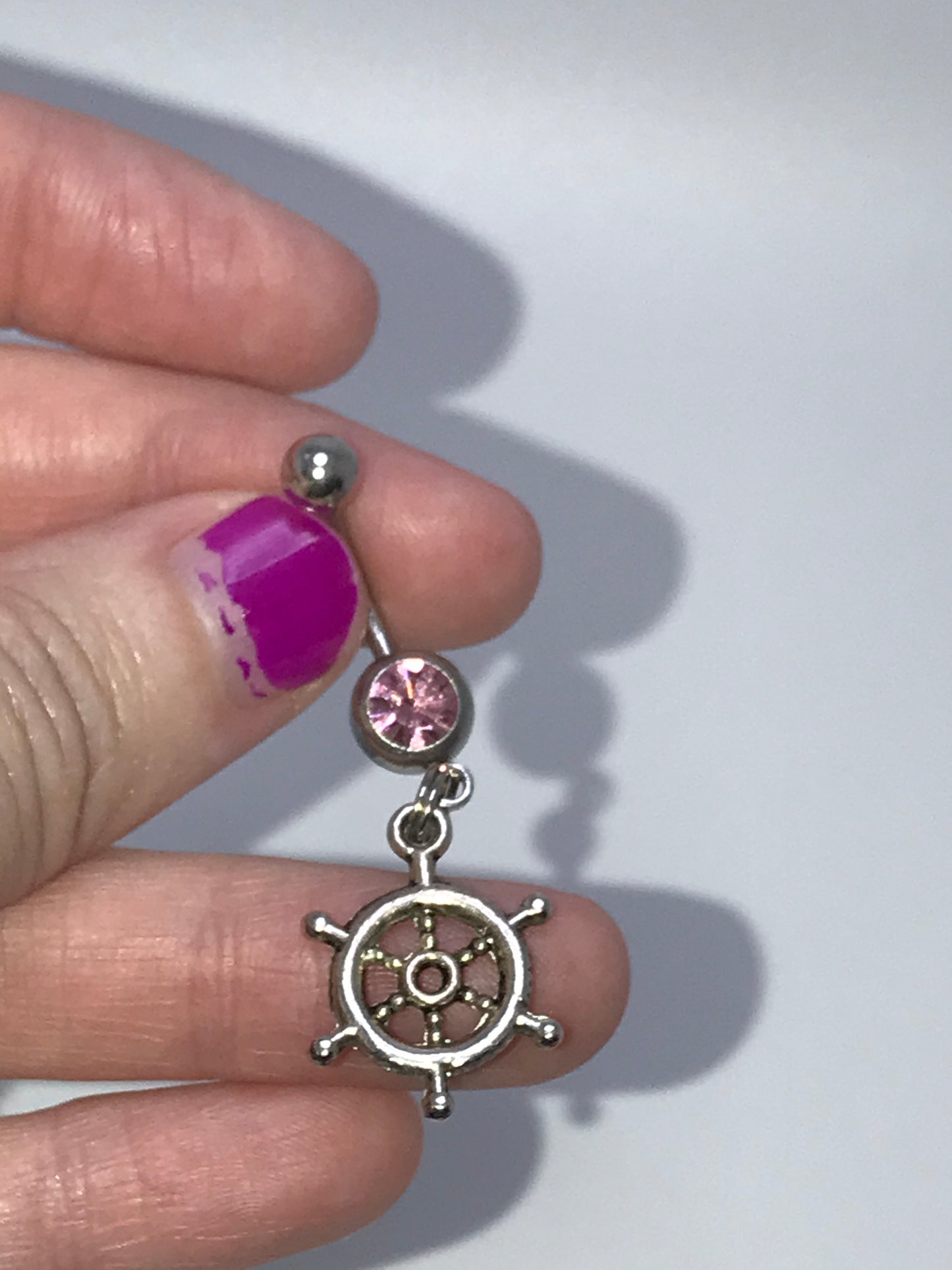 Pink Gem Nautical Wheel Design Dangle Belly Ring