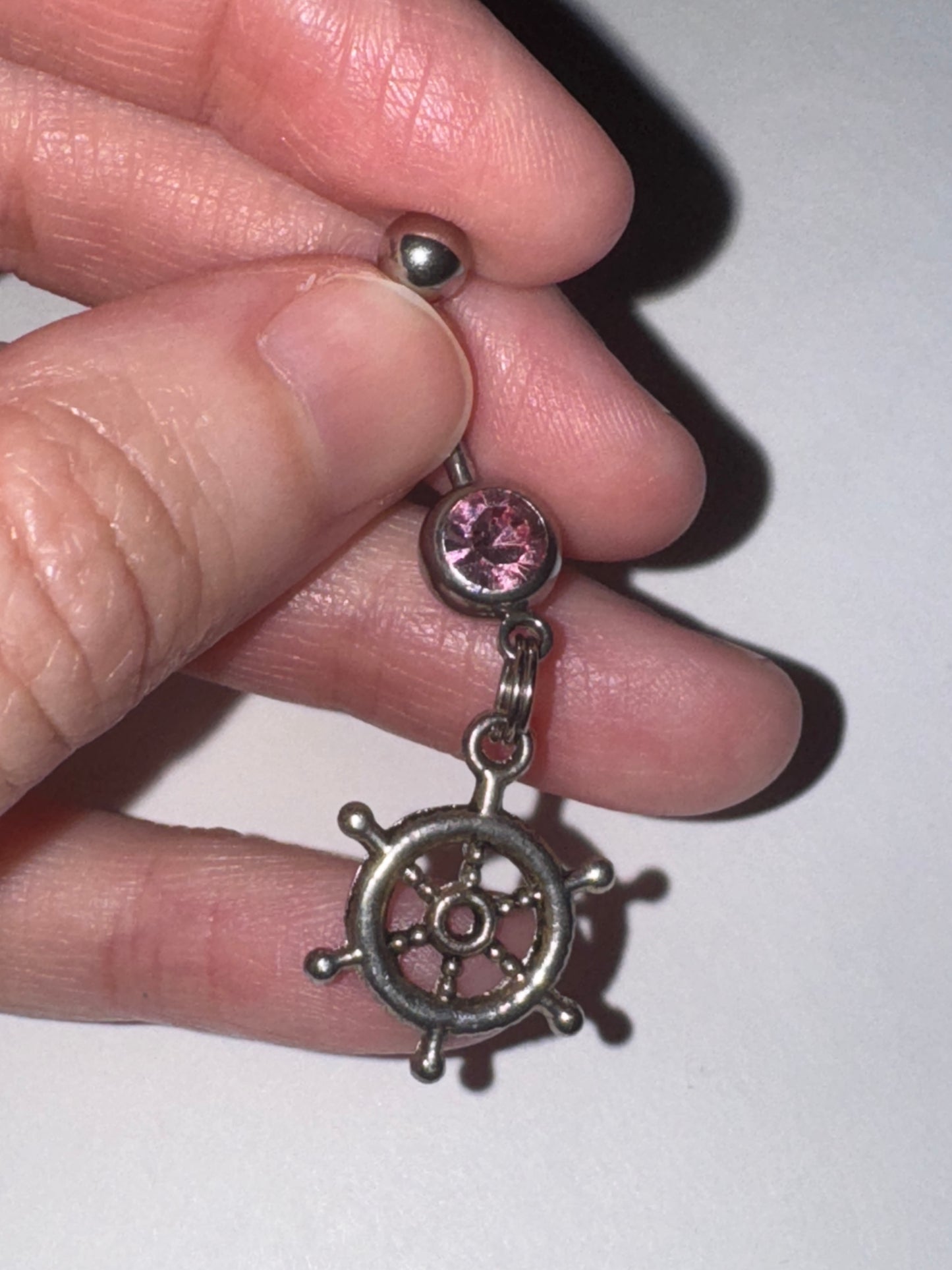 Pink Gem Nautical Wheel Design Dangle Belly Ring