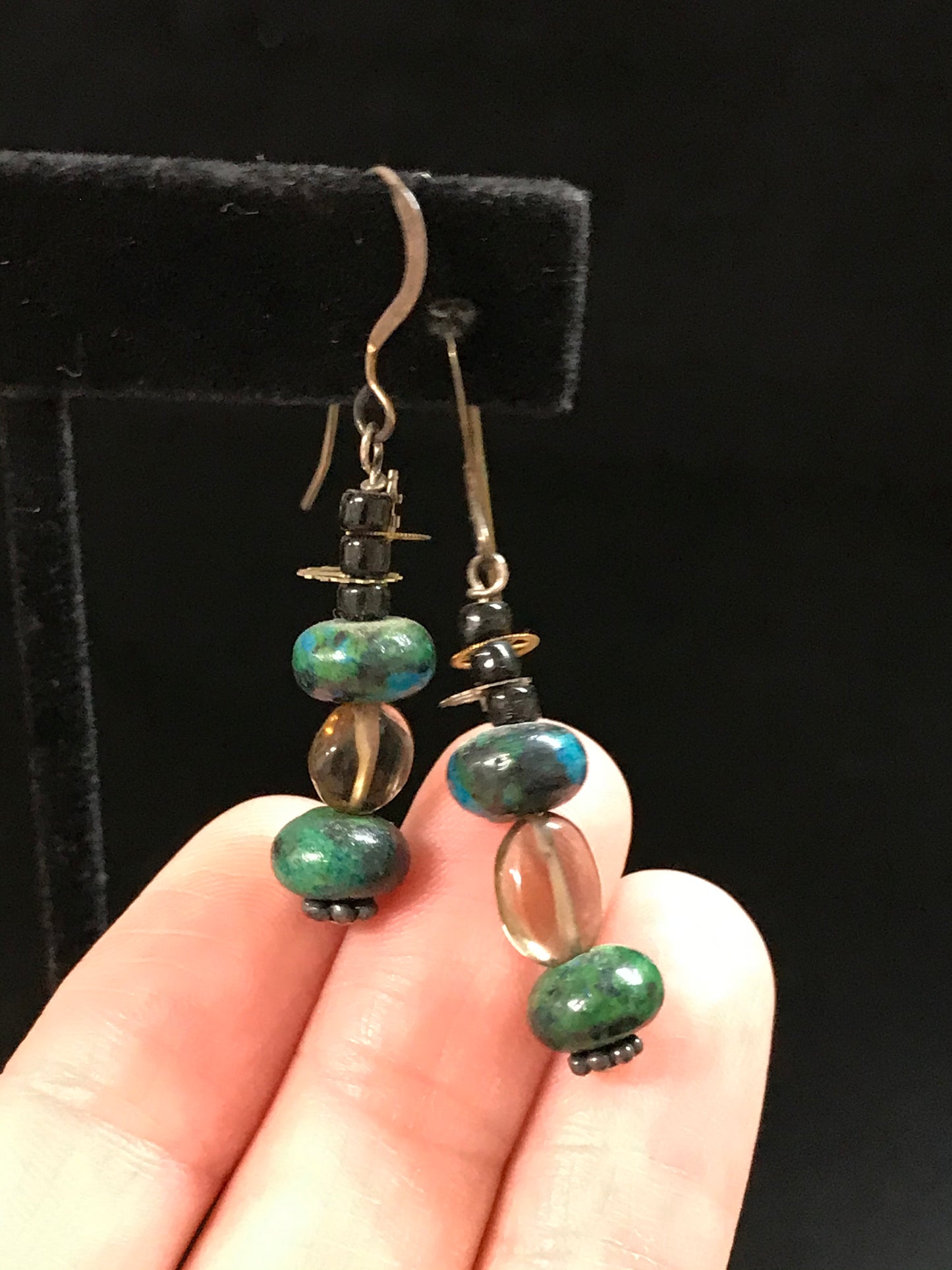 Steampunk Style Yellow Turquoise and Smoky Quartz Earrings
