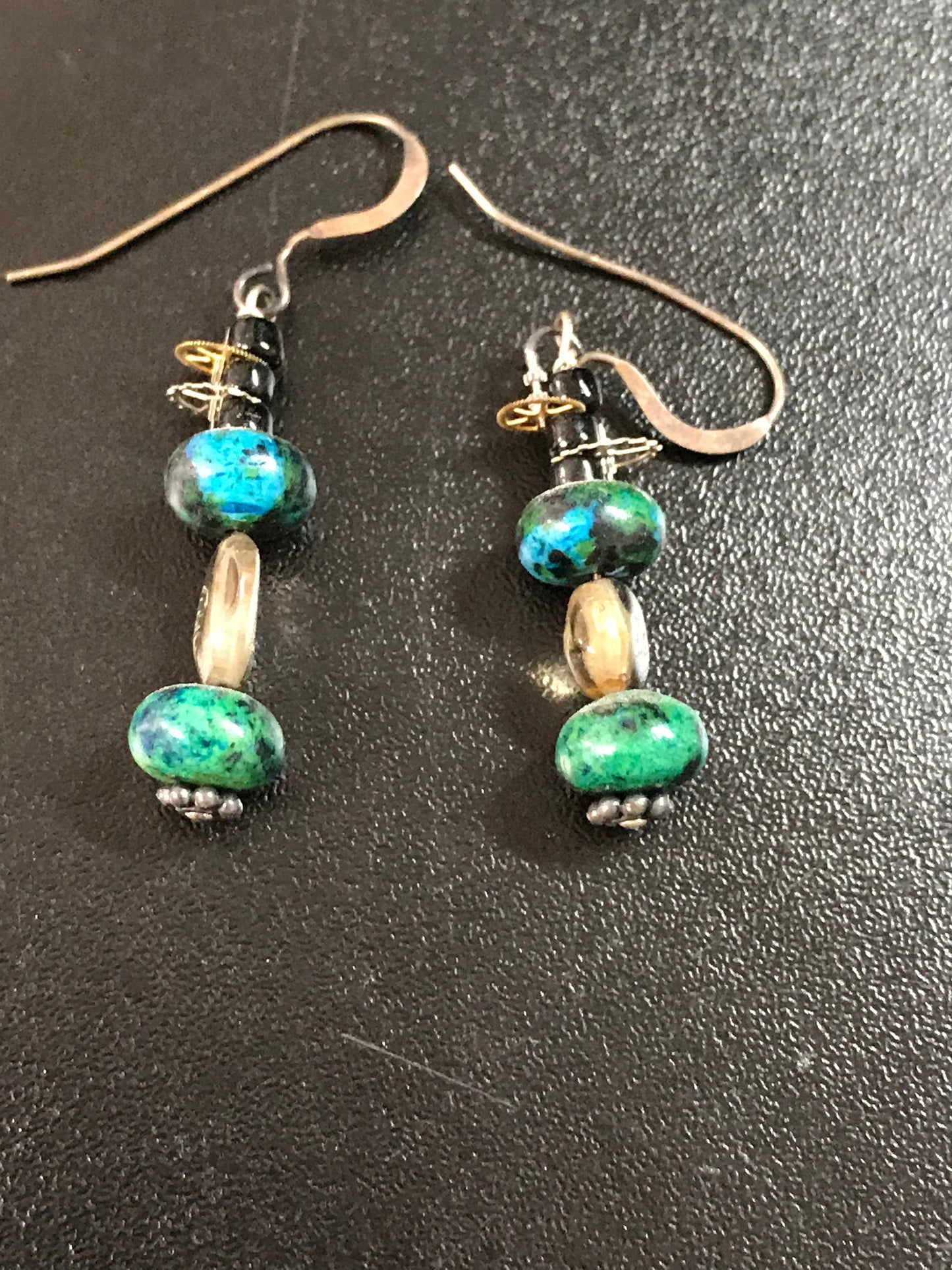 Steampunk Style Yellow Turquoise and Smoky Quartz Earrings