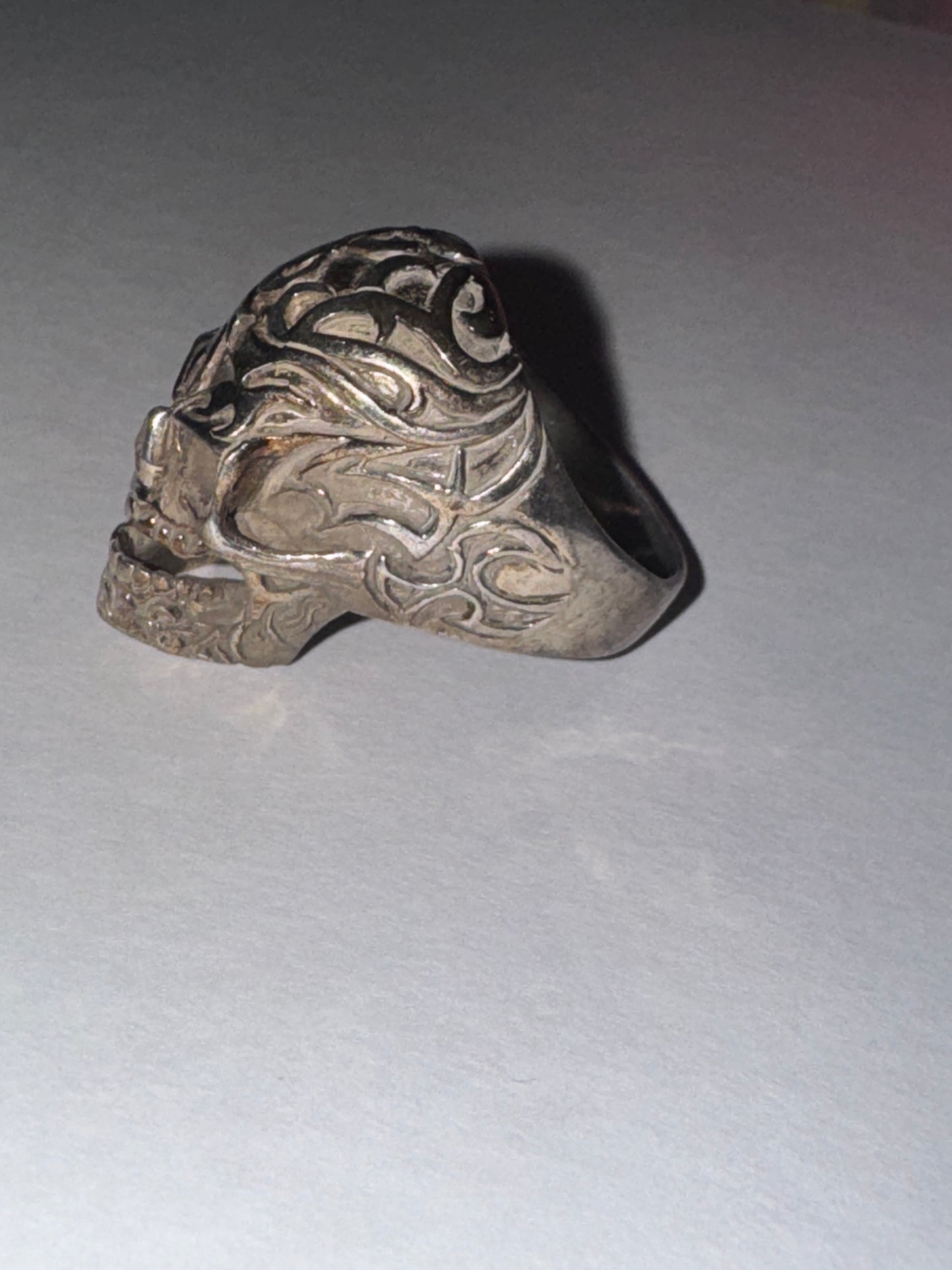 Sterling Silver Flame Skull Ring, Size 12