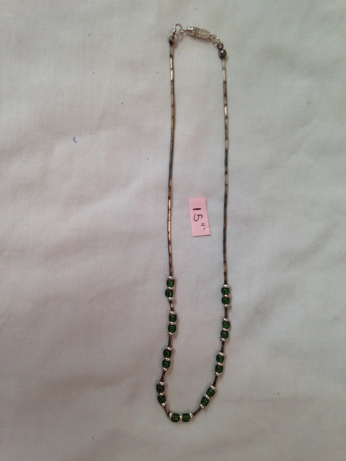 15" Shiny Green And Silver Seed Bead Necklace