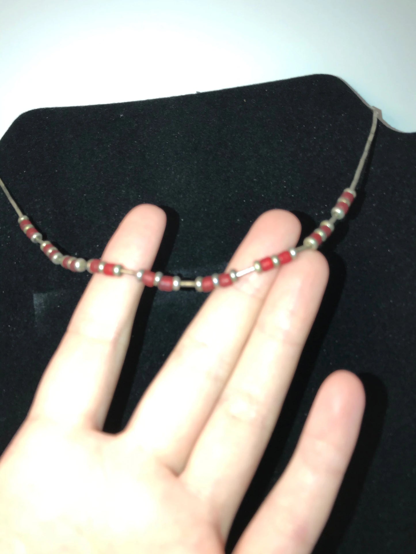 15 1/4" Frosted Orange Red and Silver Beaded Necklace