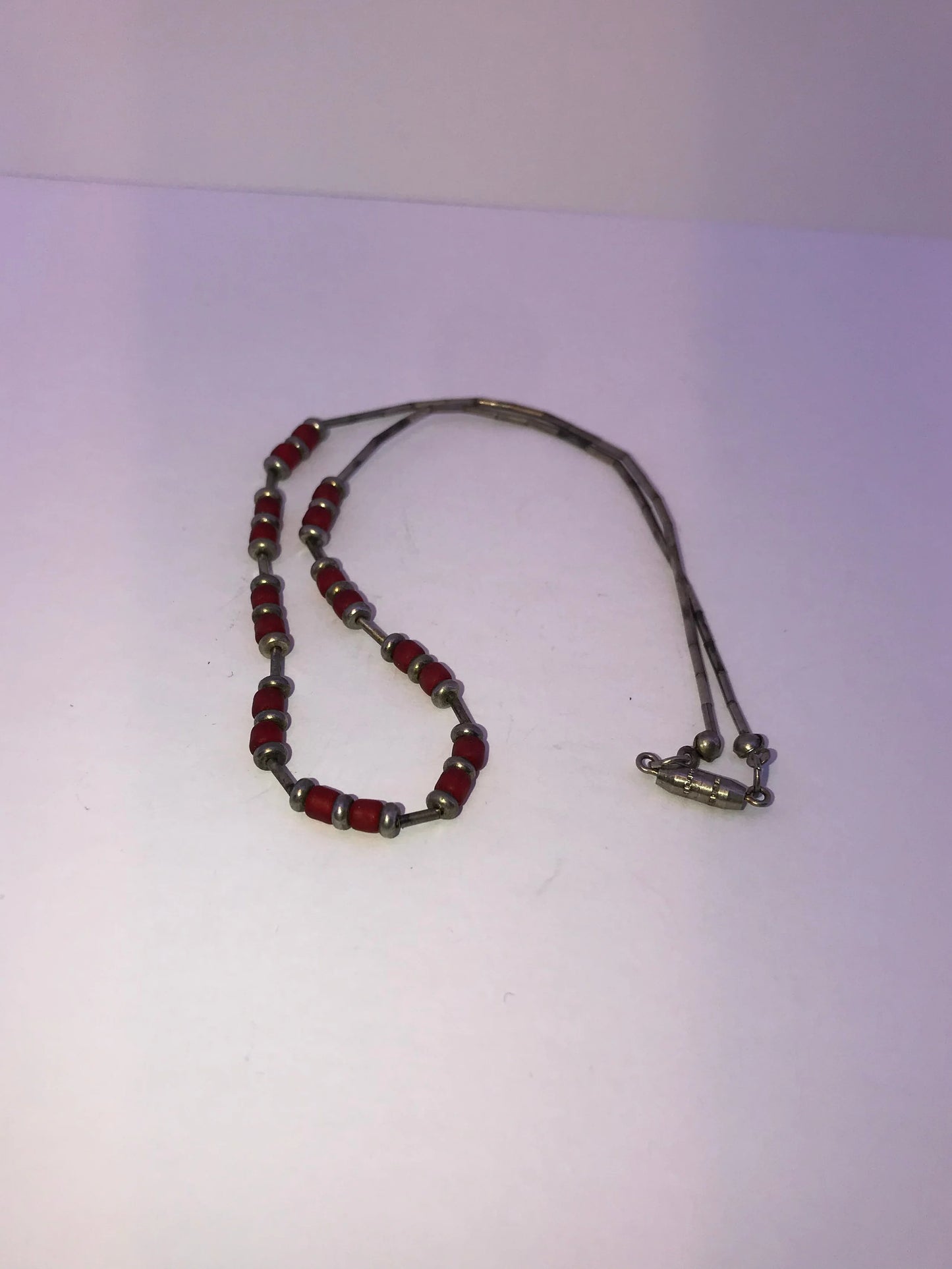 15 1/4" Frosted Orange Red and Silver Beaded Necklace