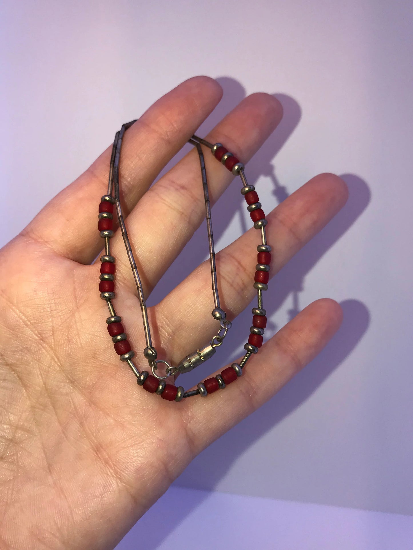 15 1/4" Frosted Orange Red and Silver Beaded Necklace