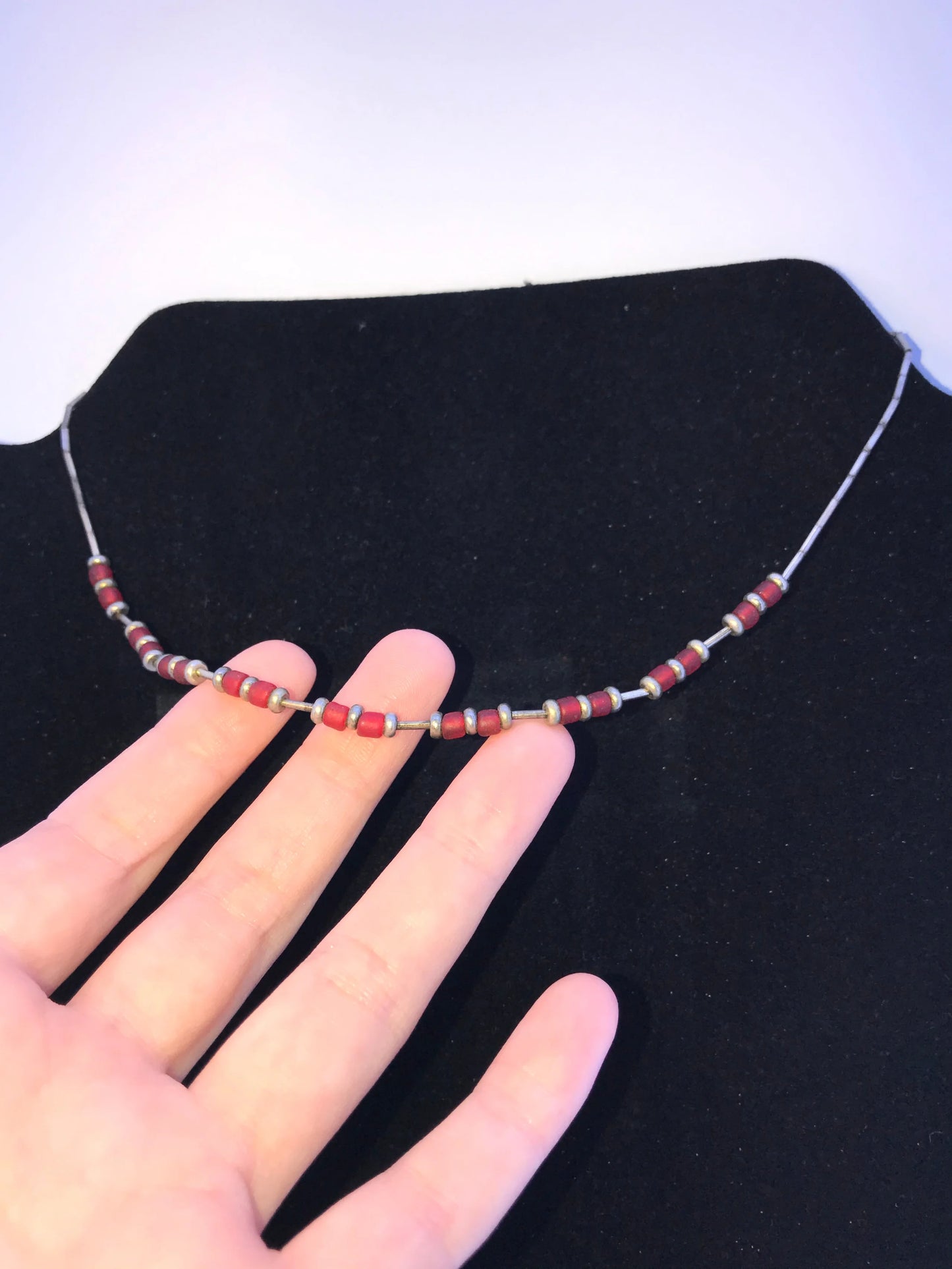 15 1/4" Frosted Orange Red and Silver Beaded Necklace