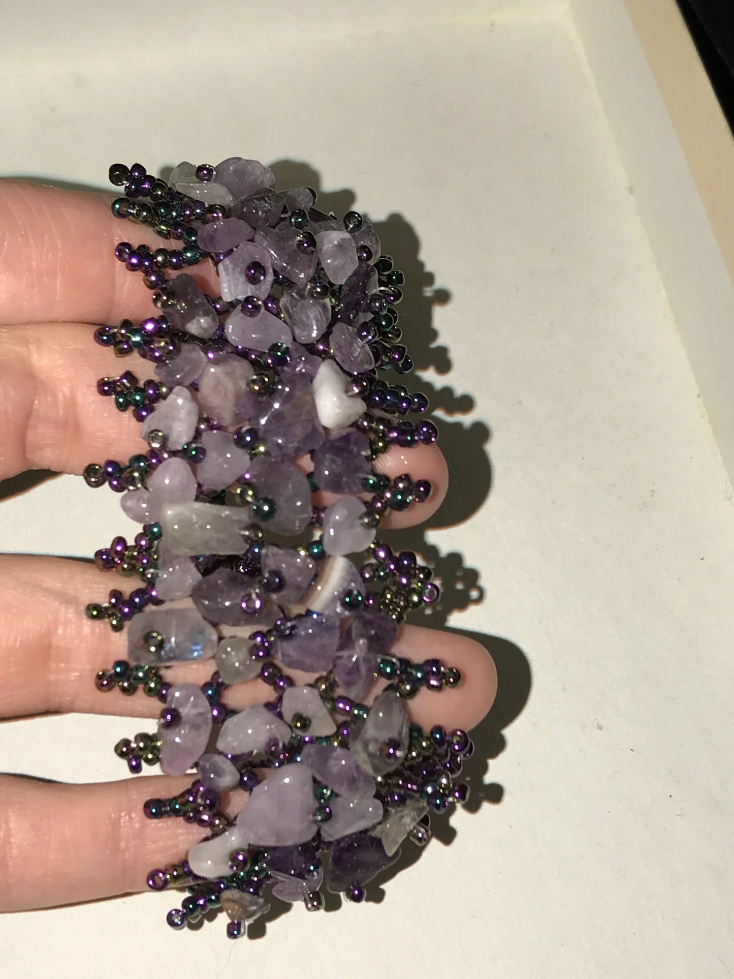 7 1/8" Natural Amethyst Gemstone chip beads stretchy Net Bracelet