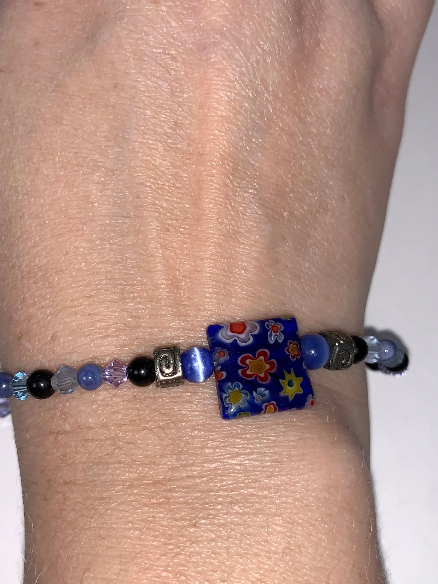 8" Long Denim Lapis and Obsidian Bracelet Set