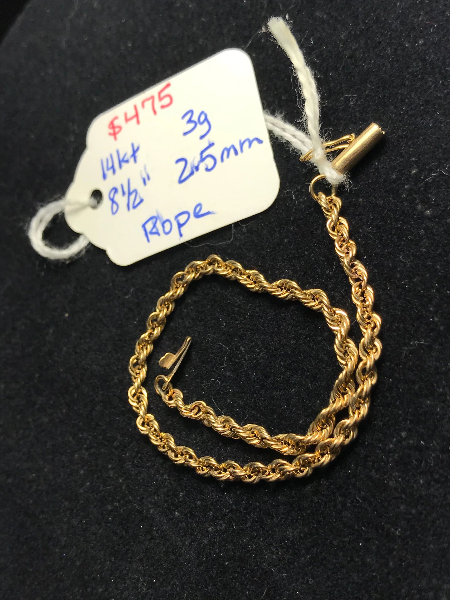 8 1/2" Long 14 Kt Gold Rope Chain Bracelet
