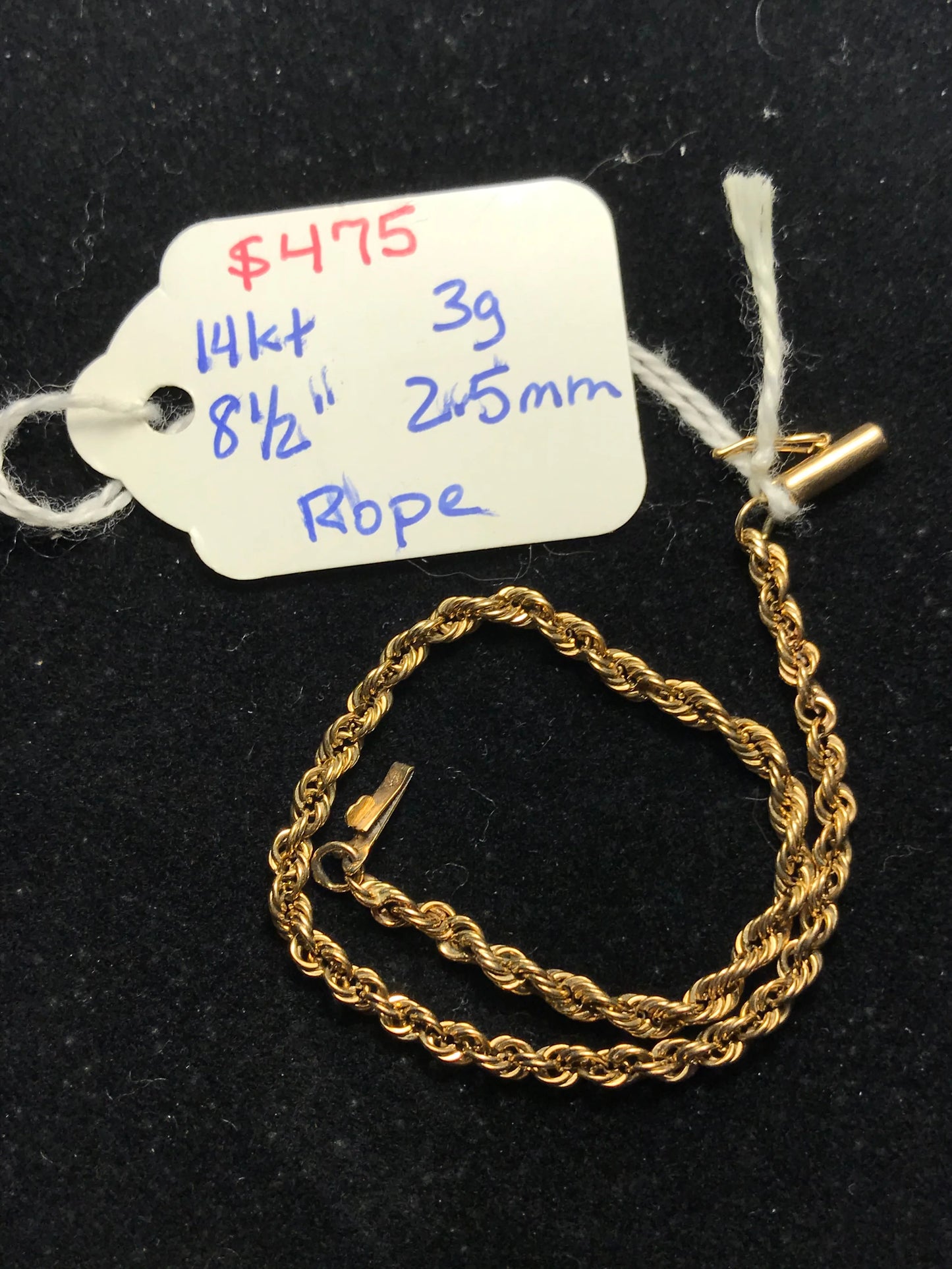 8 1/2" Long 14 Kt Gold Rope Chain Bracelet