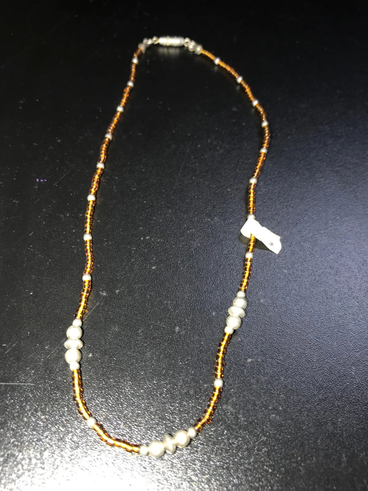 14 3/4" long Amber Brown and Silver Beaded Necklace