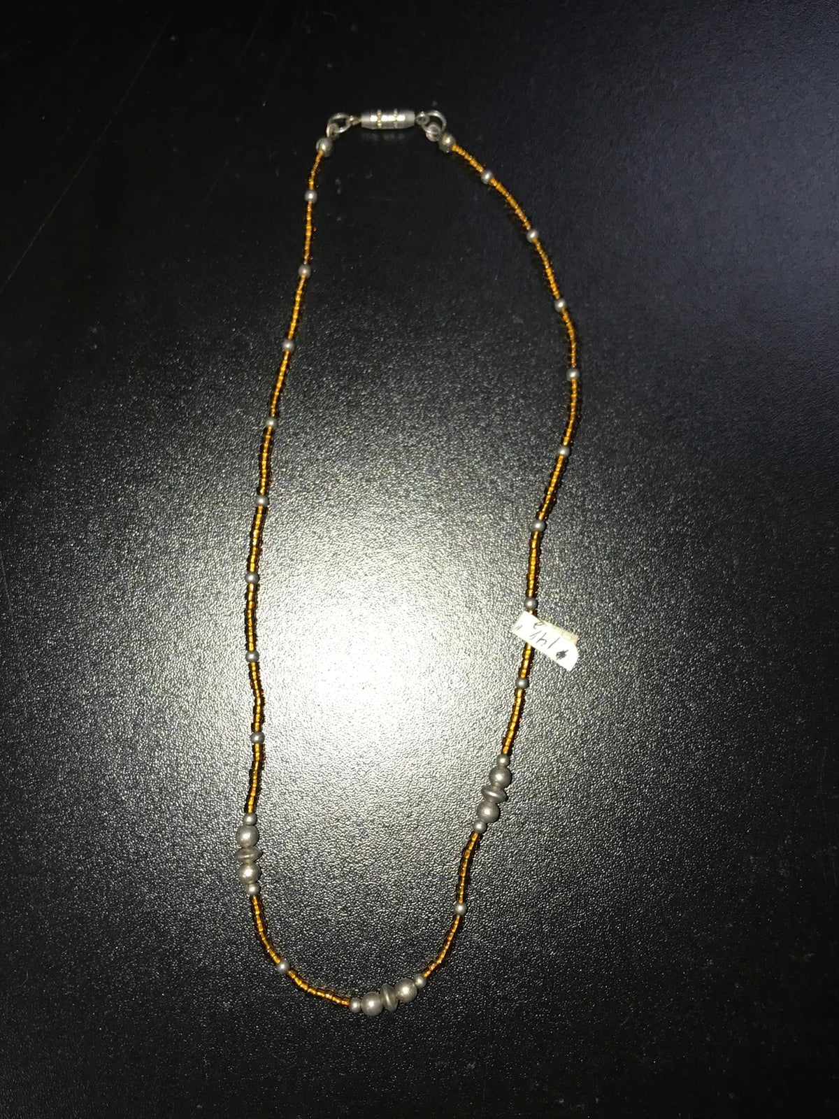 14 3/4" long Amber Brown and Silver Beaded Necklace