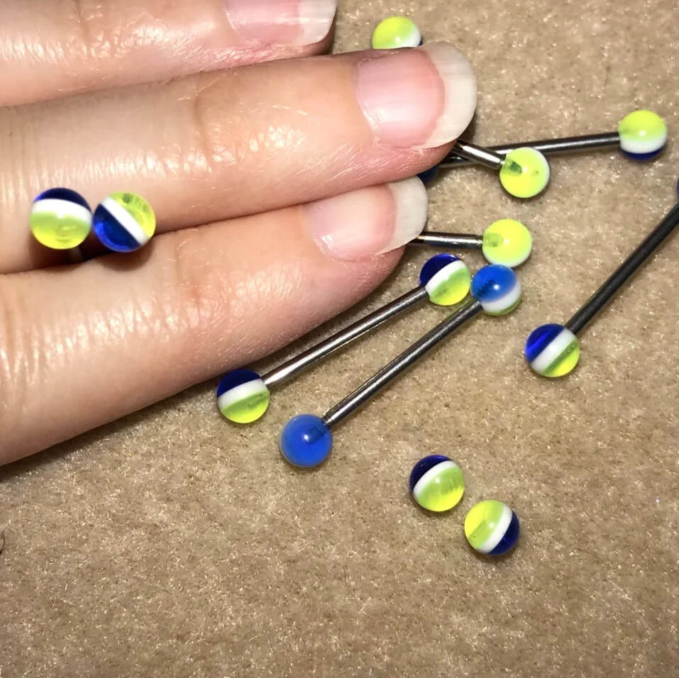 14 Gauge Blue, yellow and white stripe design tongue ring