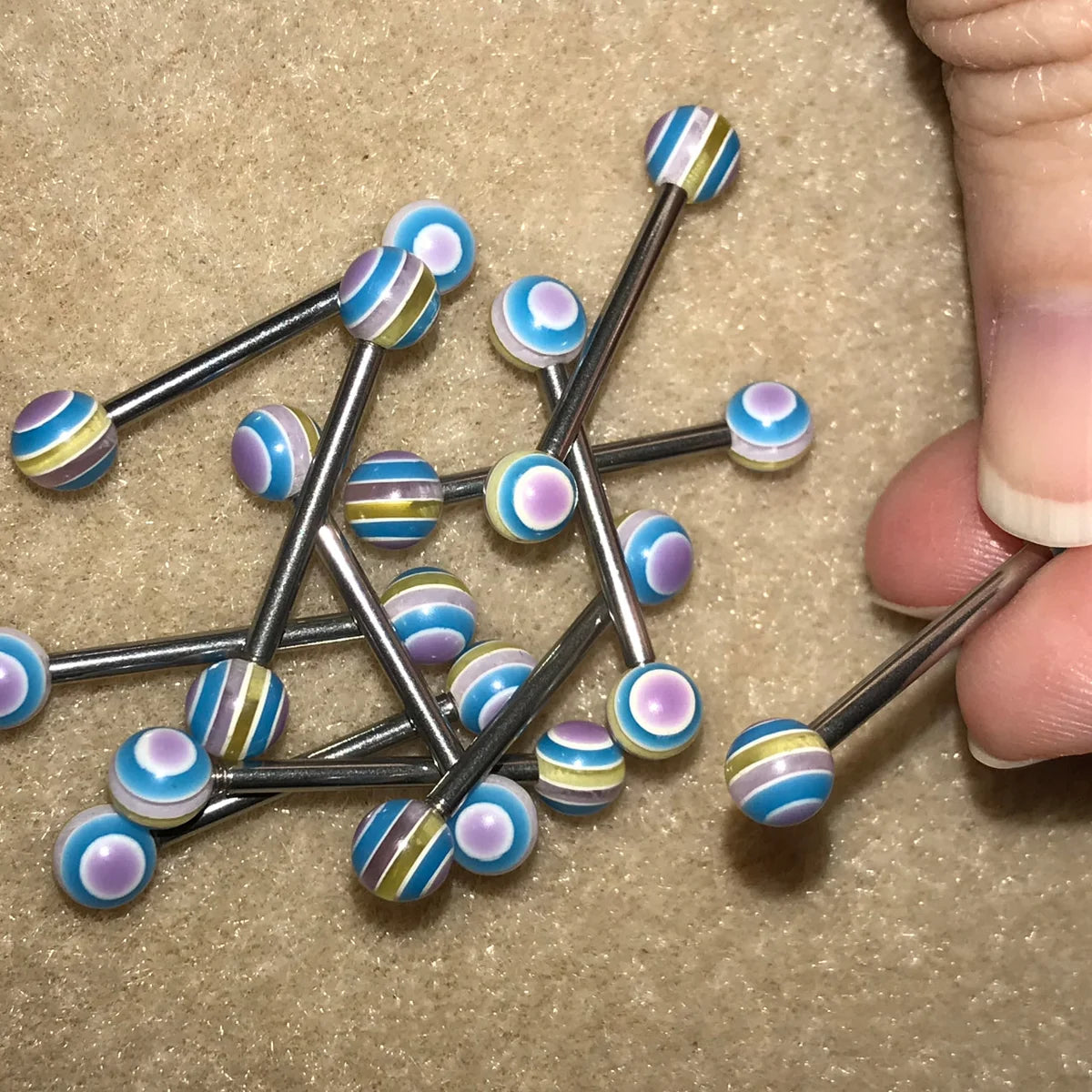 14 Gauge Lavender, Aqua Blue, Clear, and Yellow striped Tongue Ring