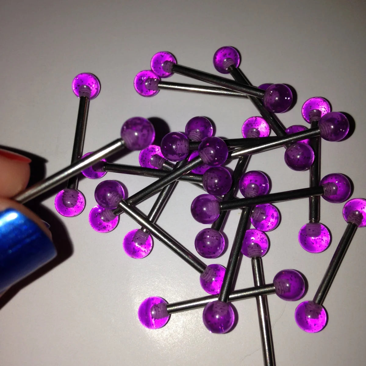 14 Gauge Purple Clear and Silver Glitter Design Tongue Ring