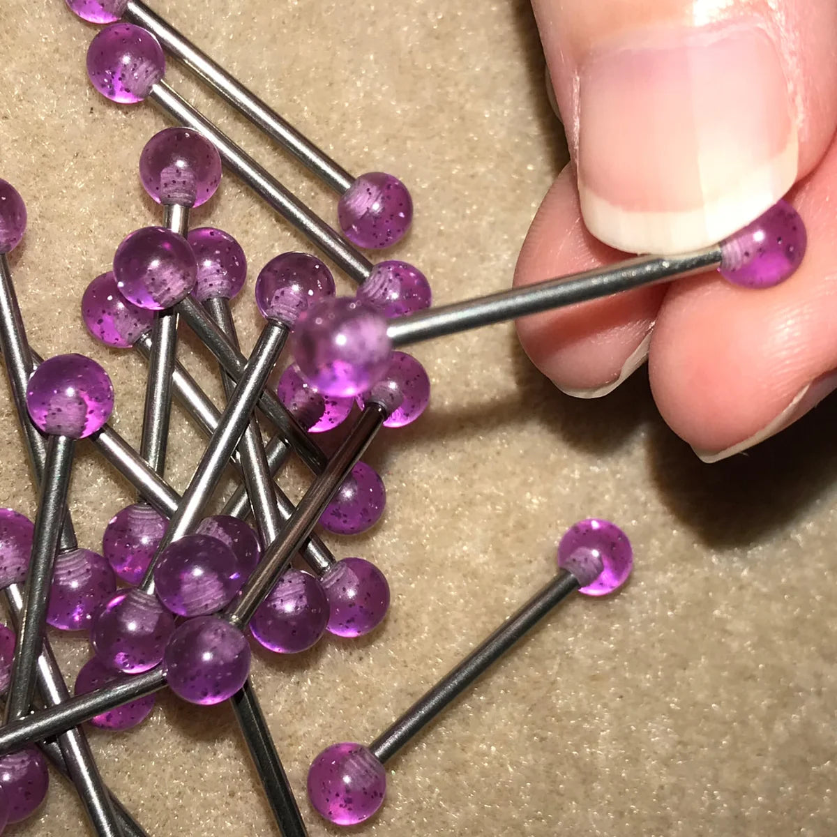 14 Gauge Purple Clear and Silver Glitter Design Tongue Ring
