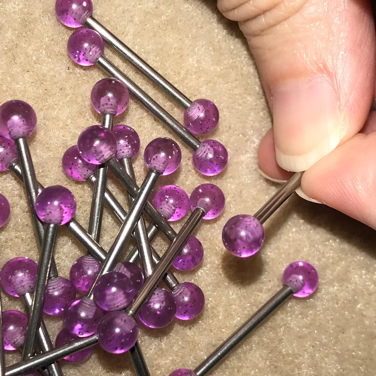 14 Gauge Purple Clear and Silver Glitter Design Tongue Ring