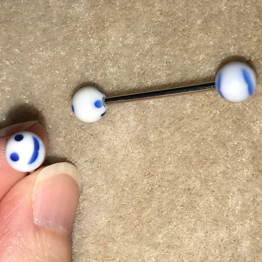 14 Gauge White and Blue Smiley Face Tongue Ring