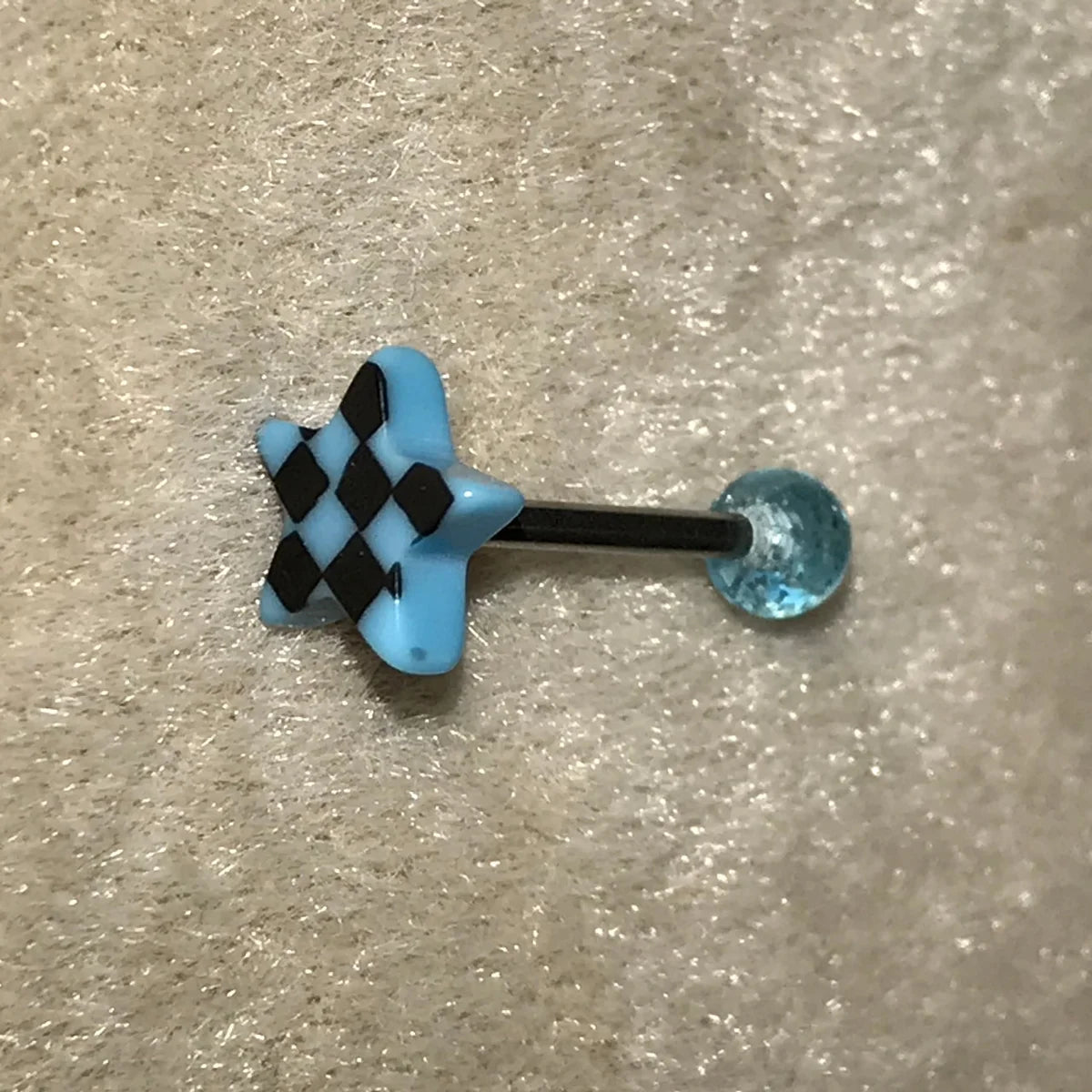 14 Gauge Aqua Blue Star shaped Checkerboard design Tongue Ring