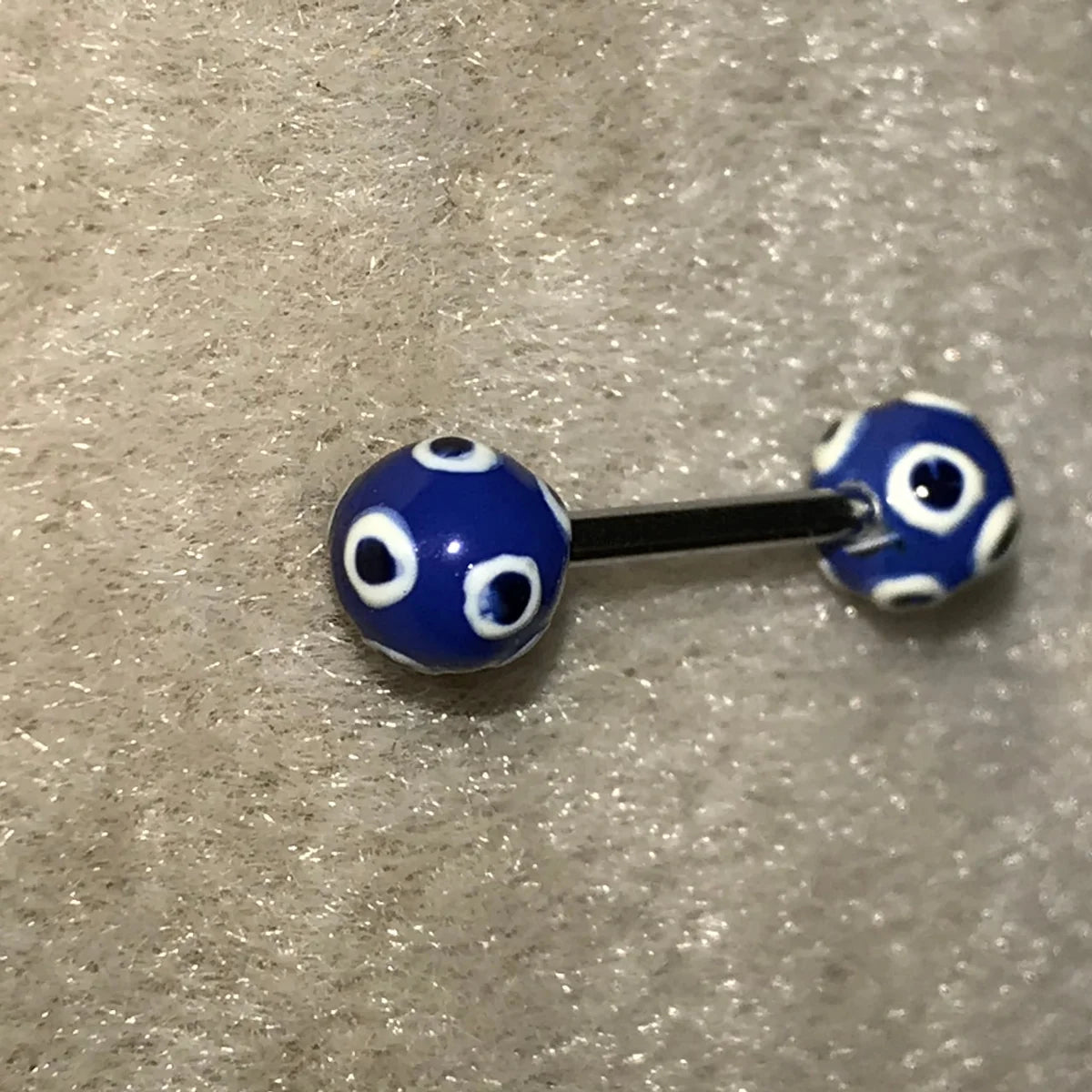 14 Gauge Blue, White, and Black Polka Dot Tongue Ring