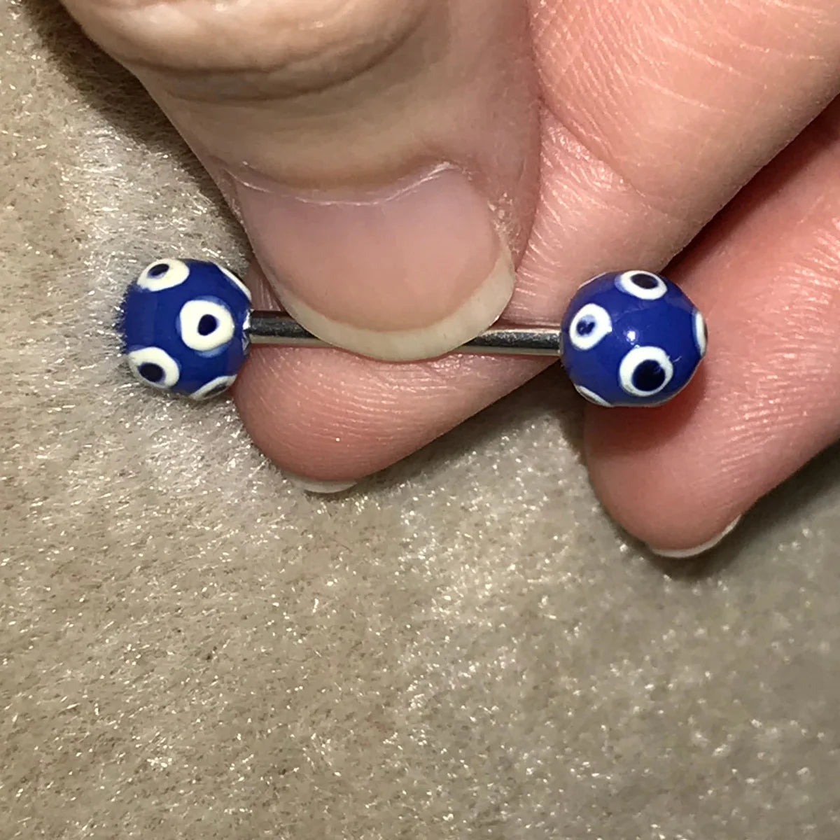 14 Gauge Blue, White, and Black Polka Dot Tongue Ring